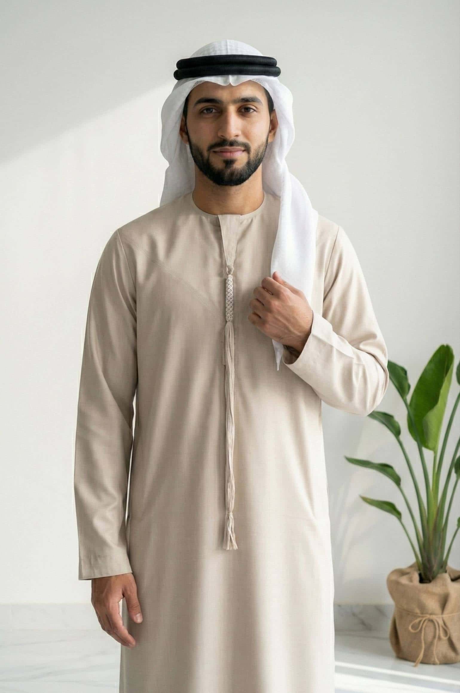 Man wearing Heritage Beige Semiramis Wool Kandora with traditional earthy tones, showcasing the natural wool texture and commanding silhouette from Shabab al Yola 3