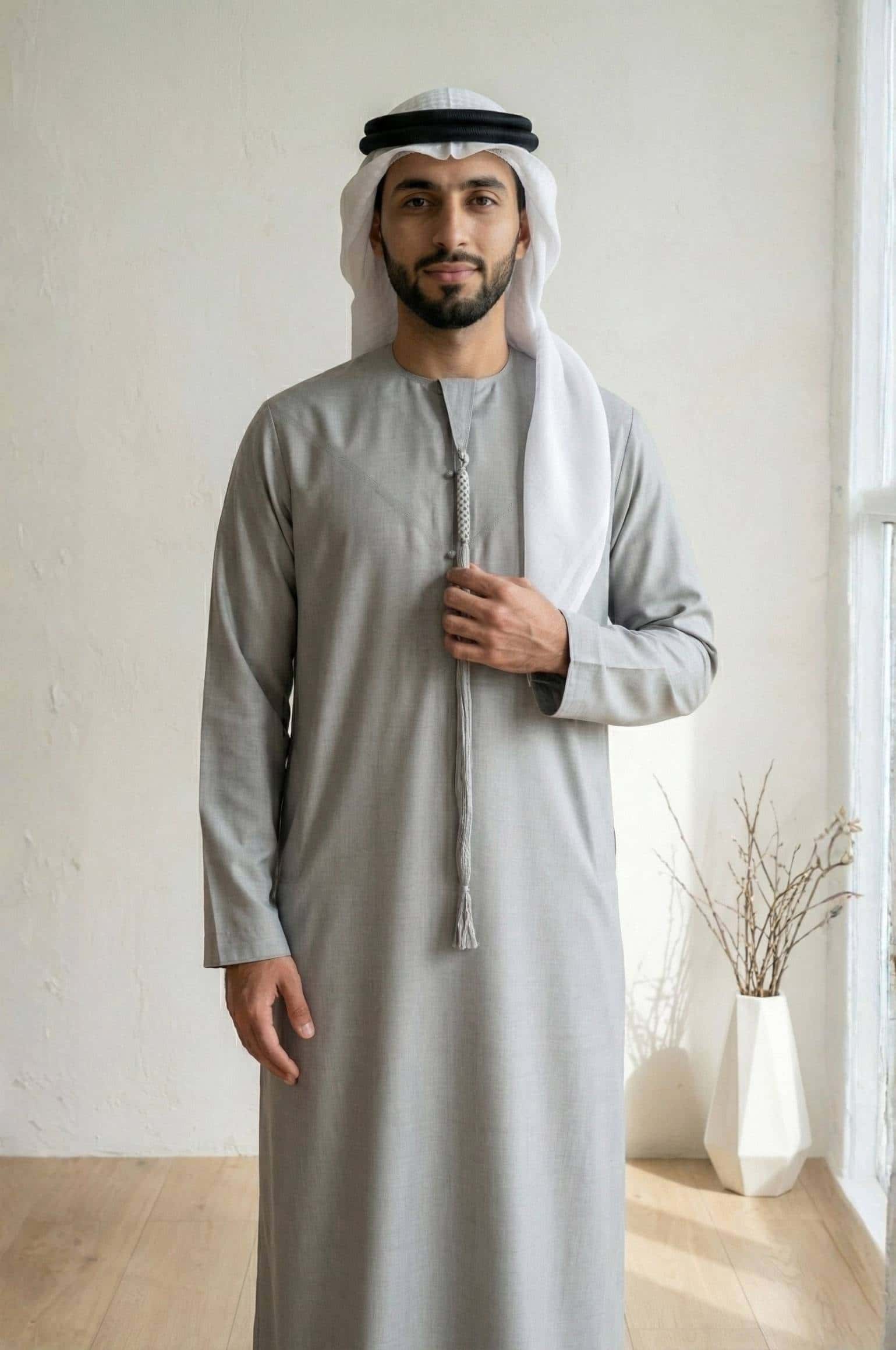 Executive wearing Platinum Gray Semiramis Wool Kandora, showcasing the modern sophisticated tone and premium Japanese wool texture from Shabab al Yola Heritage Collection 2