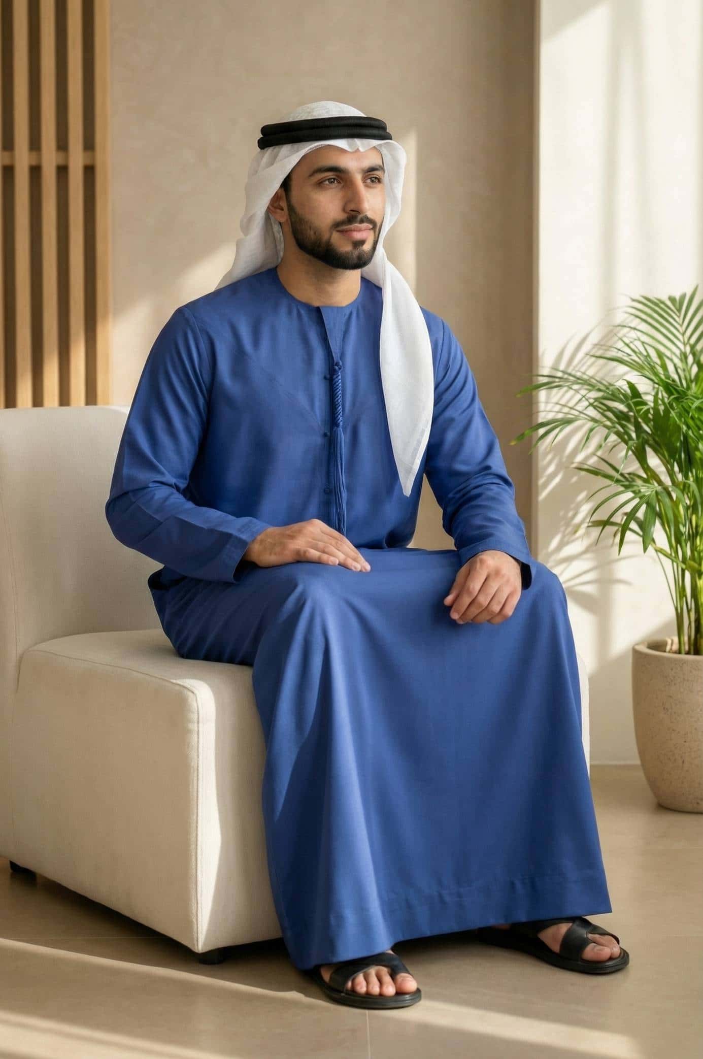 Distinguished gentleman wearing the Navy Blue Harrisons Wool Kandora, showcasing the deep British worsted fabric with refined drape and Savile Row heritage from Shabab al Yola British Heritage Collection 3