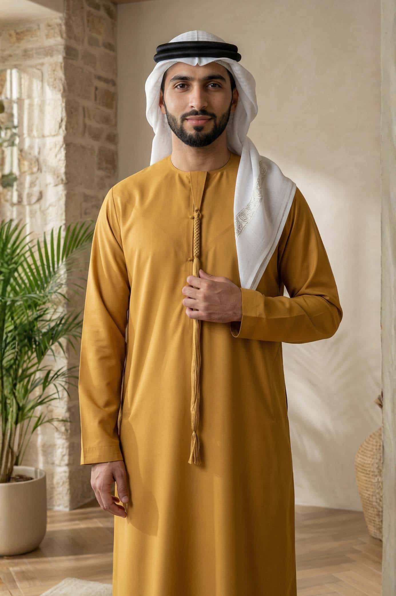 Gentleman wearing the Desert Amber Harrisons Wool Kandora, displaying the warm golden British worsted fabric with commanding silhouette from Shabab al Yola British Heritage Collection 2