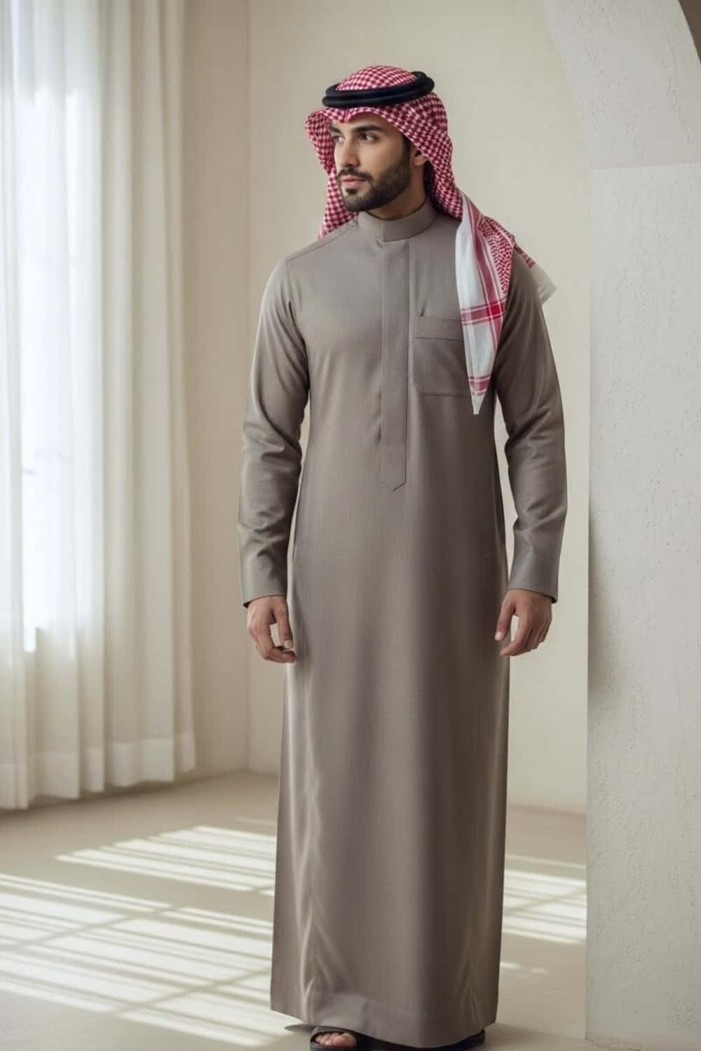 Gentleman wearing Stone Greige Montgomery Wool Saudi Thobe showcasing the refined neutral tone and distinguished Saudi collar style from Shabab al Yola Winter Collection 2