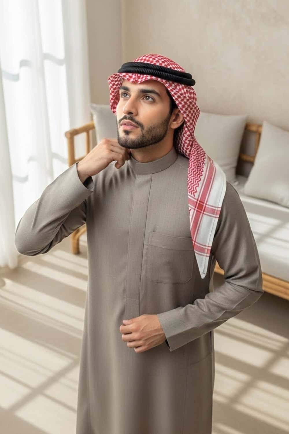 Gentleman wearing Stone Greige Montgomery Wool Saudi Thobe showcasing the refined neutral tone and distinguished Saudi collar style from Shabab al Yola Winter Collection 3