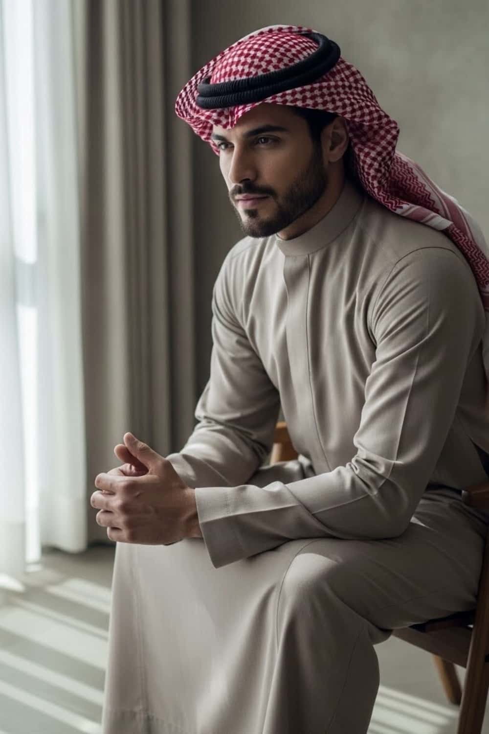 Gentleman wearing Stone Greige Montgomery Wool Saudi Thobe showcasing the refined neutral tone and distinguished Saudi collar style from Shabab al Yola Winter Collection 4