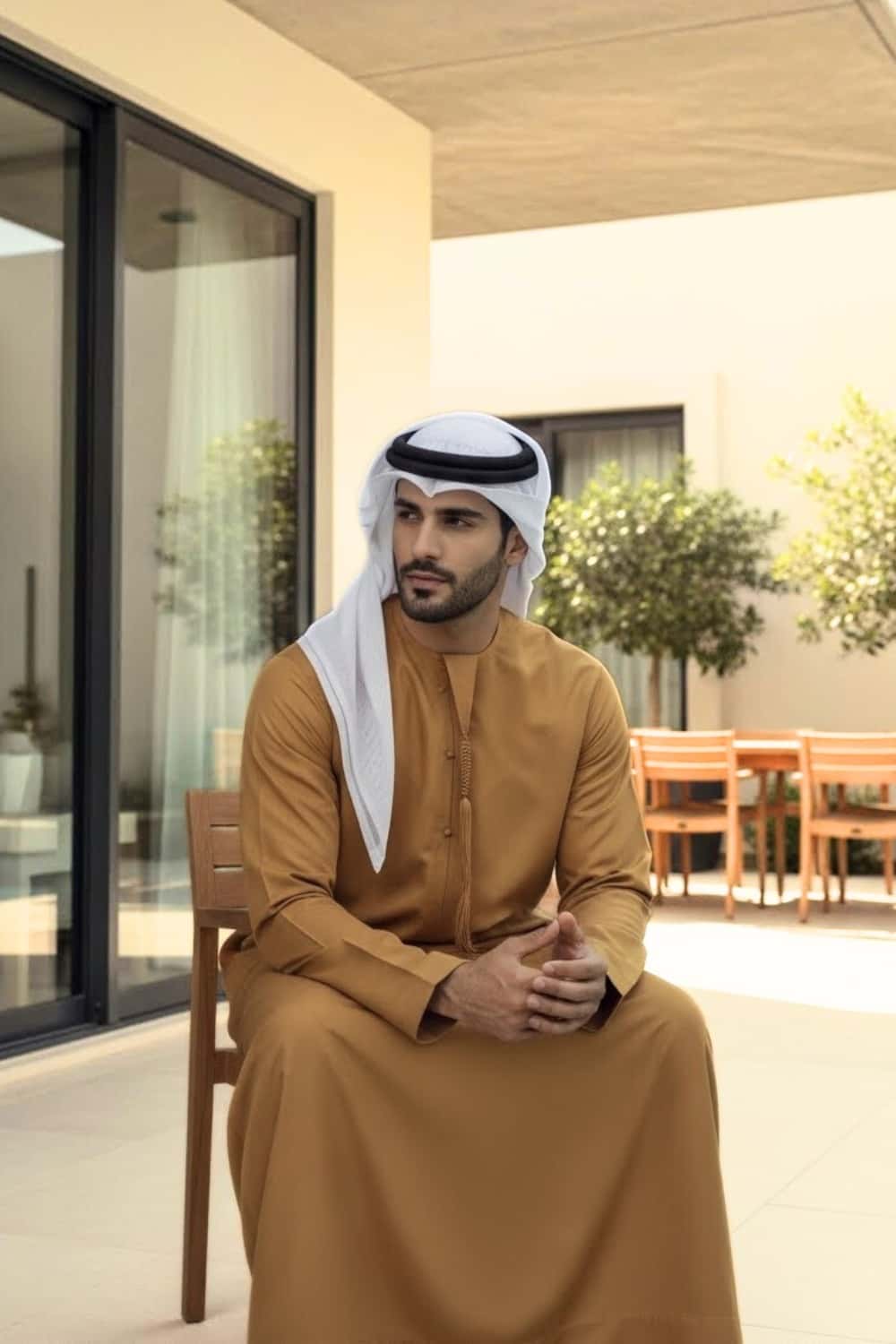 Gentleman wearing Mustard Montgomery Wool Kandora showcasing the warm golden tone and premium English wool texture from Shabab al Yola Winter Collection 2