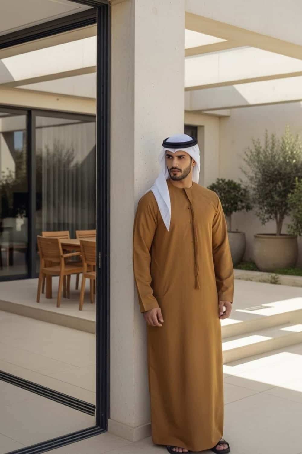 Gentleman wearing Mustard Montgomery Wool Kandora showcasing the warm golden tone and premium English wool texture from Shabab al Yola Winter Collection 4