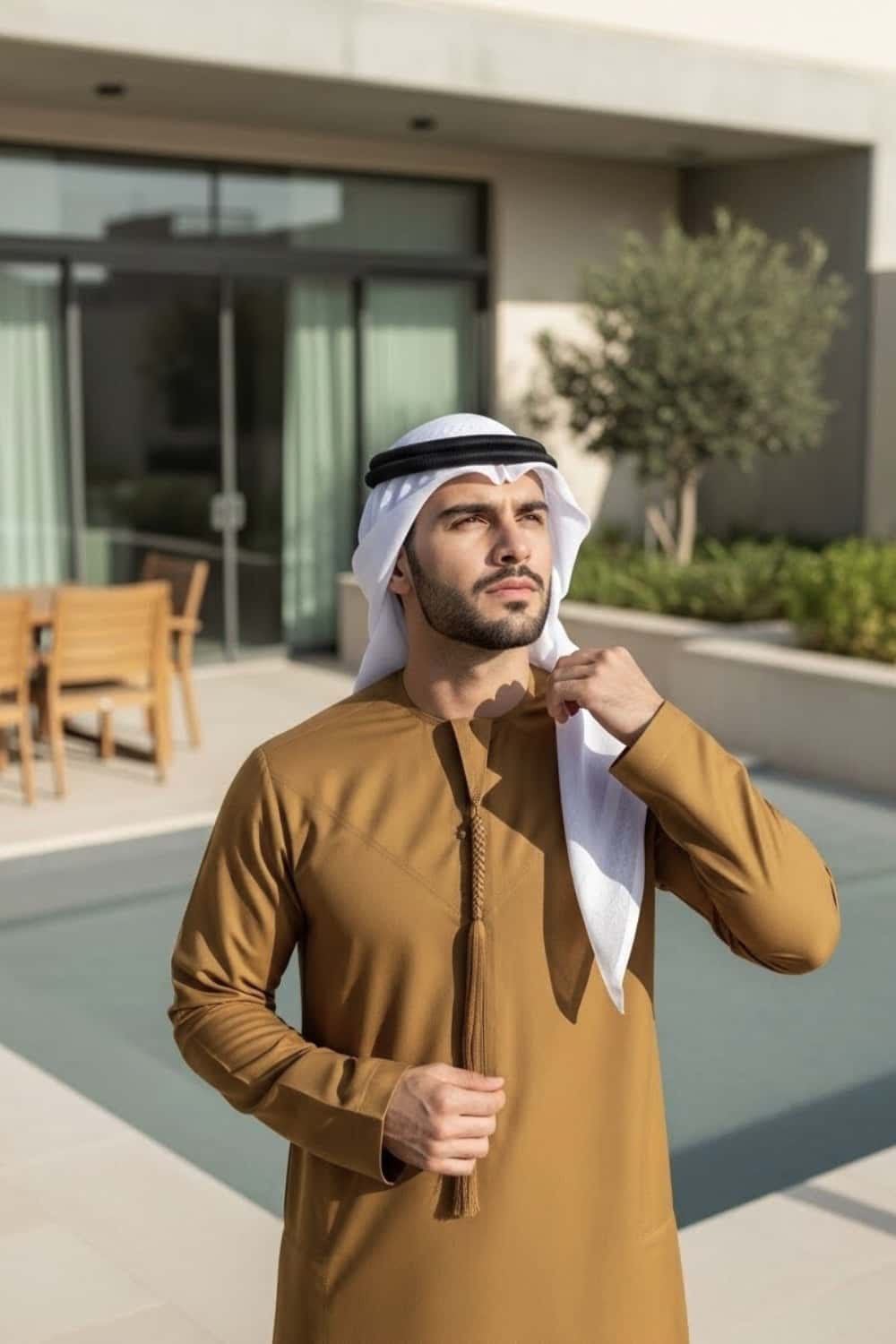Gentleman wearing Mustard Montgomery Wool Kandora showcasing the warm golden tone and premium English wool texture from Shabab al Yola Winter Collection 5