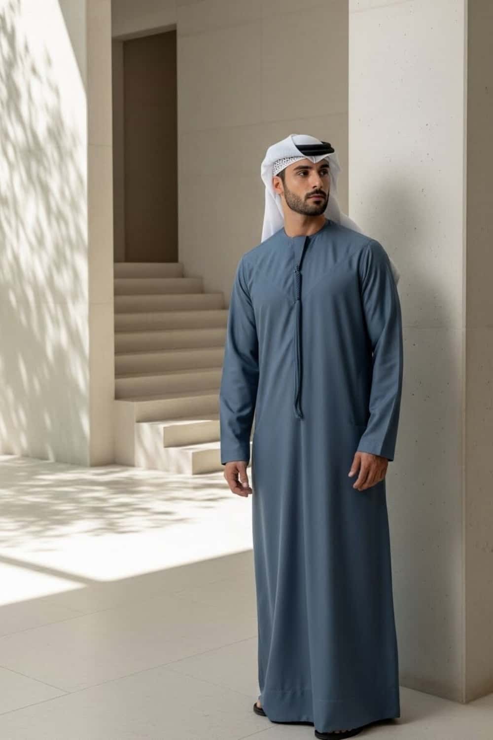 Distinguished man wearing Slate Blue Montgomery Wool Kandora displaying the deep blue tone and refined English wool texture from Shabab al Yola Winter Collection 3