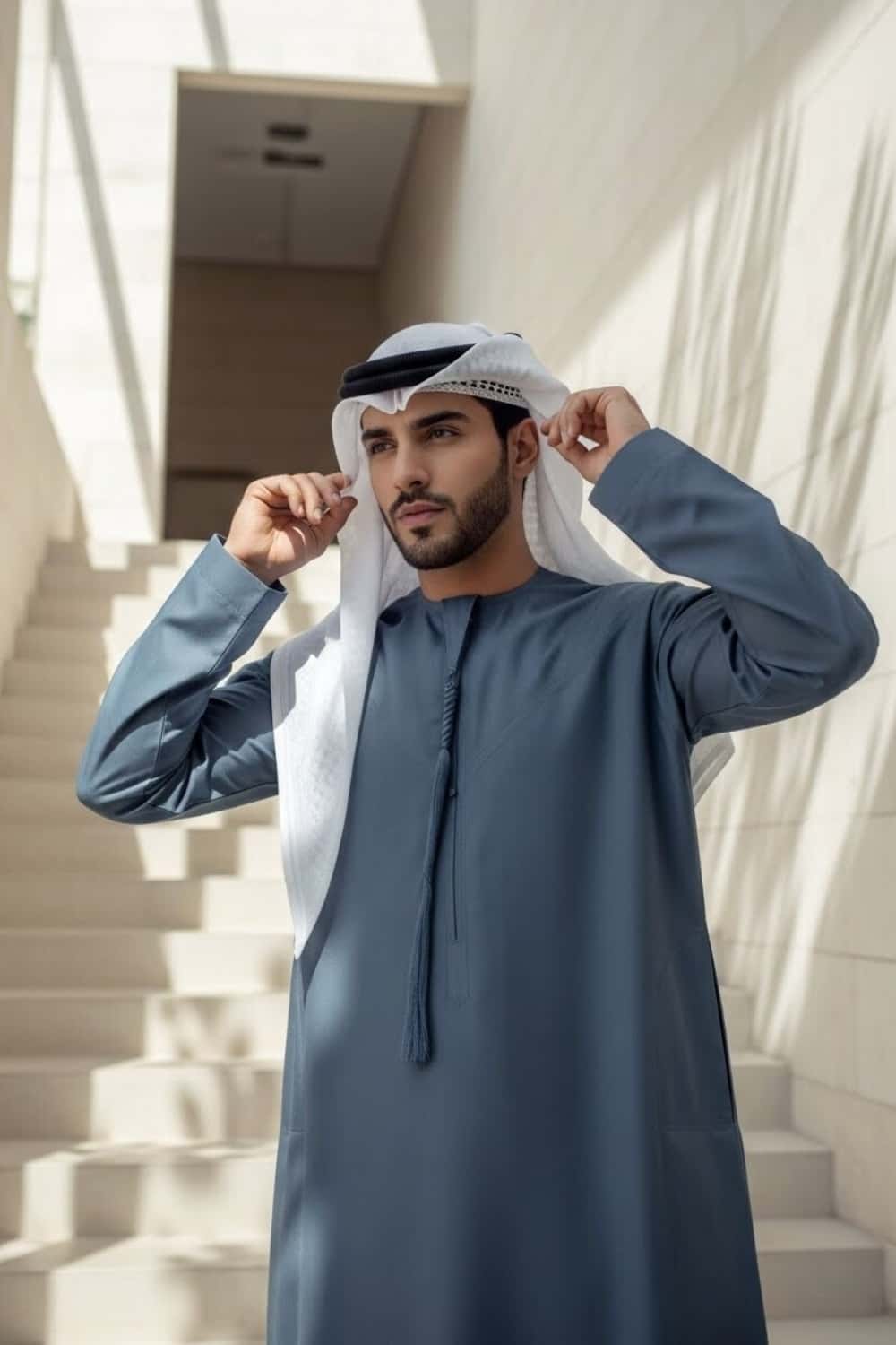 Distinguished man wearing Slate Blue Montgomery Wool Kandora displaying the deep blue tone and refined English wool texture from Shabab al Yola Winter Collection 4