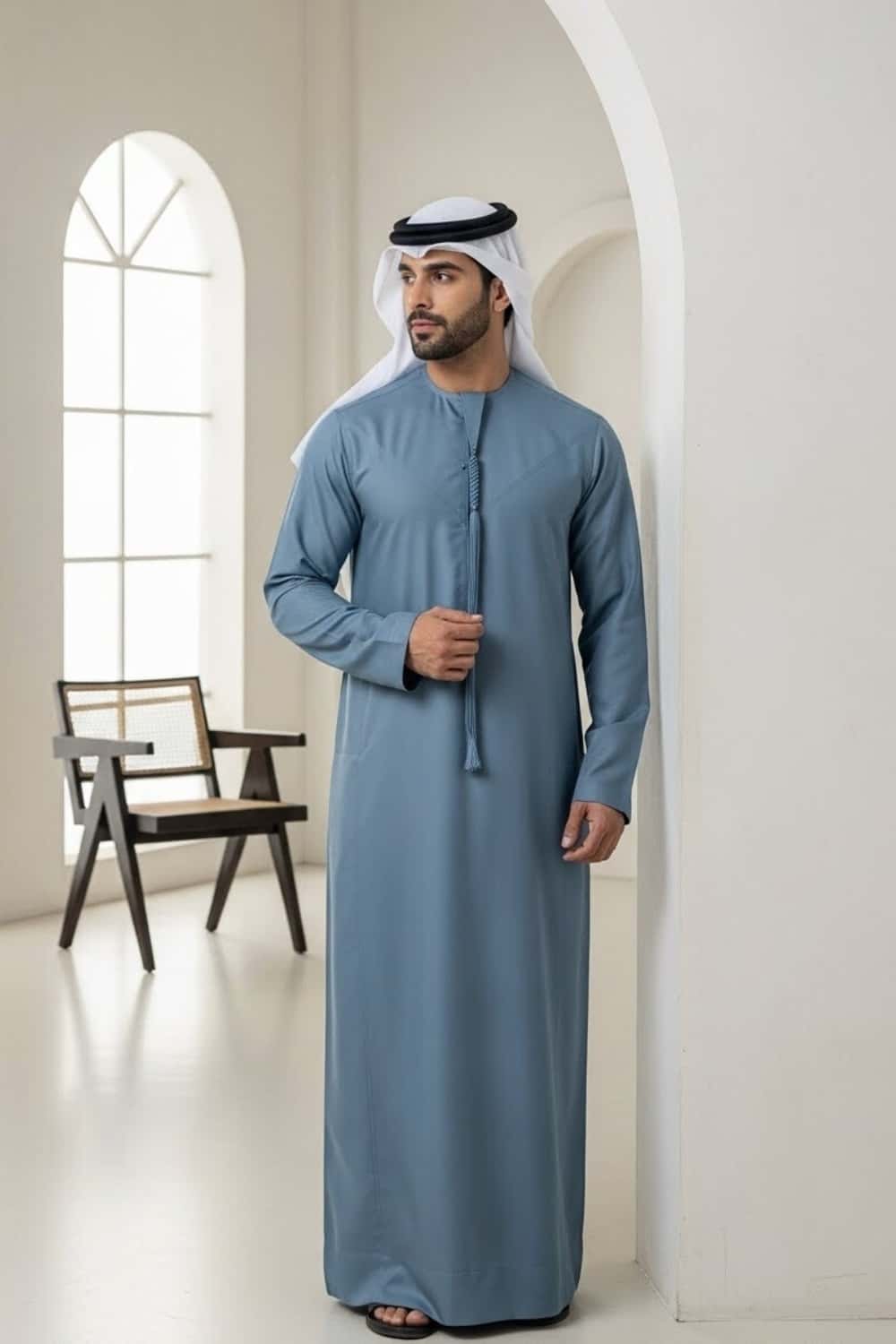 Executive wearing Air Force Blue Montgomery Wool Kandora showcasing the confident structured tone and premium English wool drape from Shabab al Yola Winter Collection 3