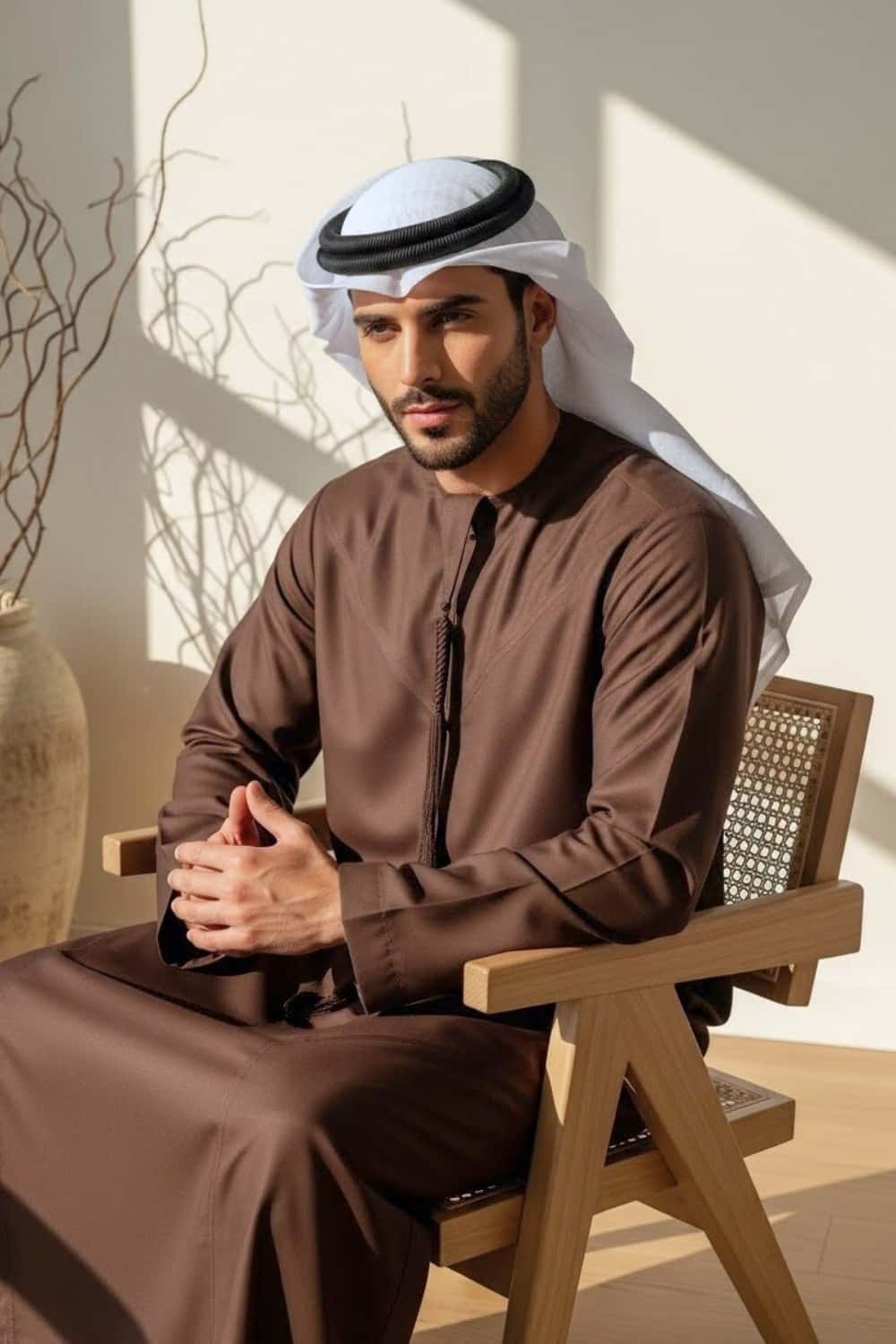 Man wearing Chocolate Brown Montgomery Wool Kandora displaying the rich deep tone and structured English wool silhouette from Shabab al Yola Winter Collection 2