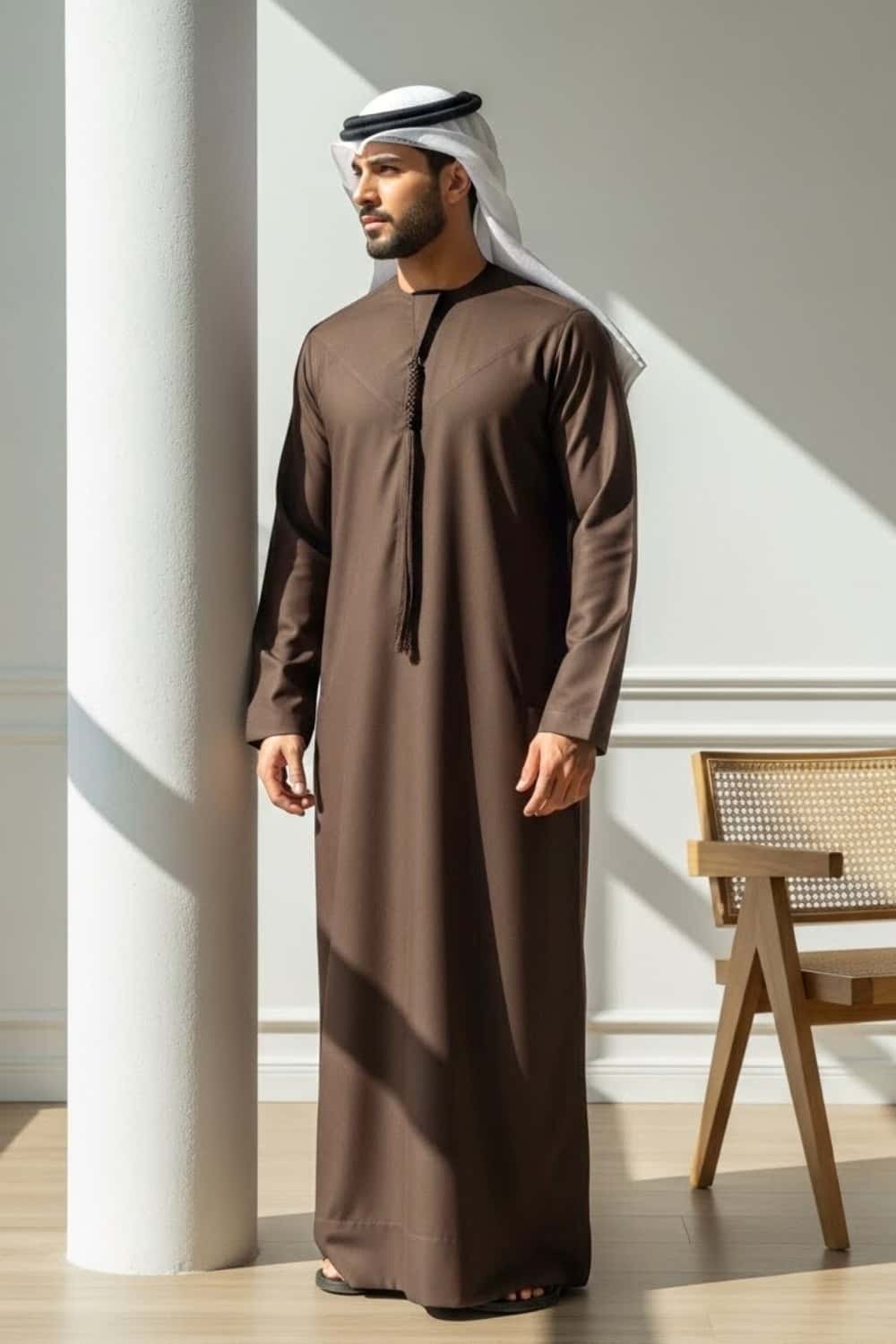 Man wearing Chocolate Brown Montgomery Wool Kandora displaying the rich deep tone and structured English wool silhouette from Shabab al Yola Winter Collection 3