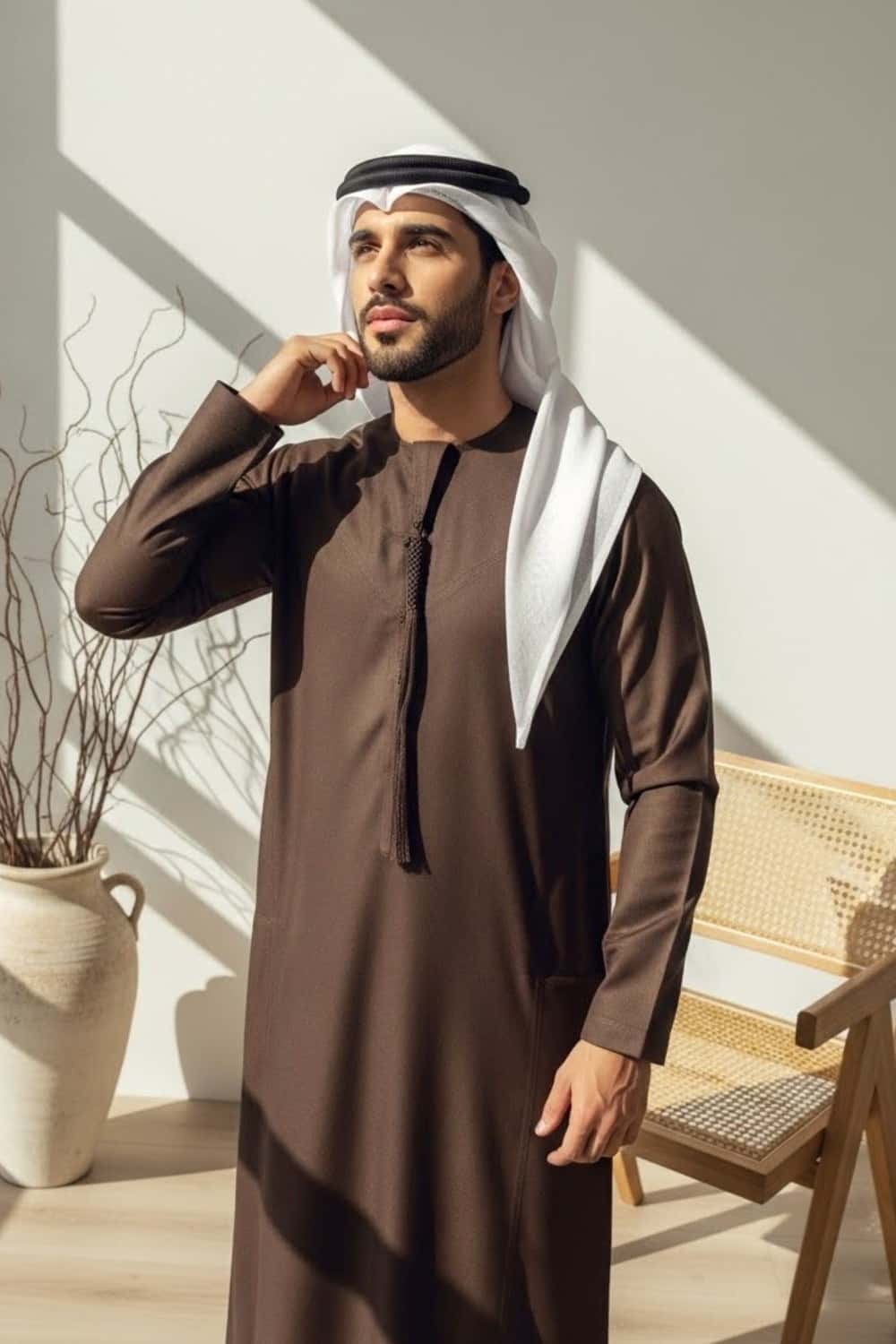 Man wearing Chocolate Brown Montgomery Wool Kandora displaying the rich deep tone and structured English wool silhouette from Shabab al Yola Winter Collection 4