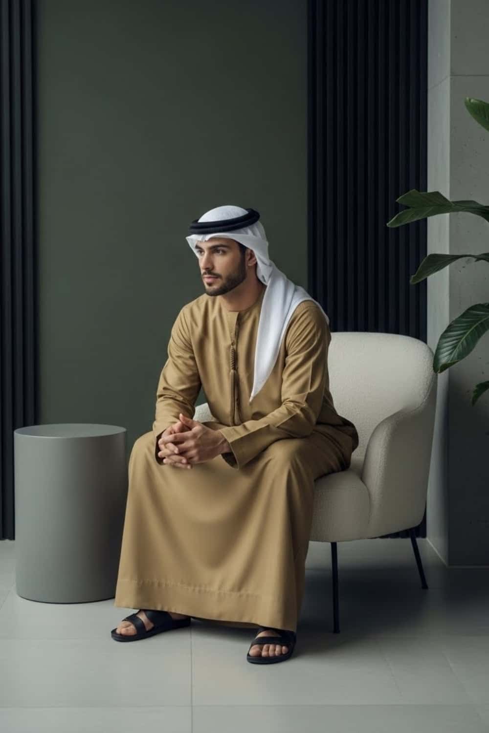 Man wearing Camel Montgomery Wool Kandora showcasing the warm noble heritage tone and luxurious English wool drape from Shabab al Yola Winter Collection 2