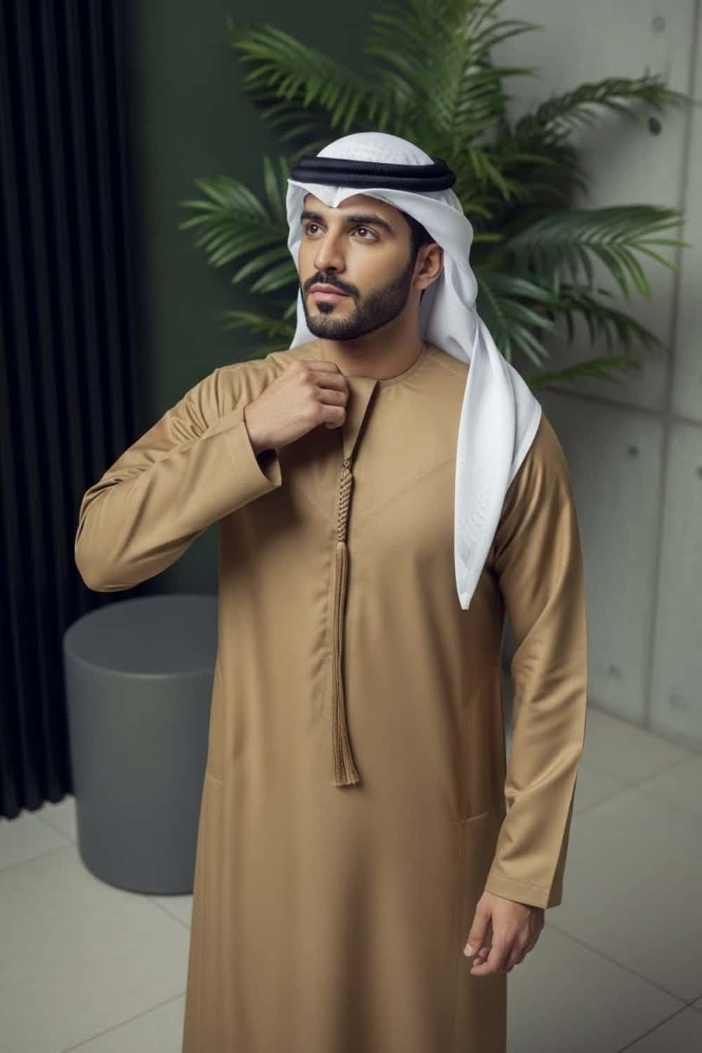 Man wearing Camel Montgomery Wool Kandora showcasing the warm noble heritage tone and luxurious English wool drape from Shabab al Yola Winter Collection 4
