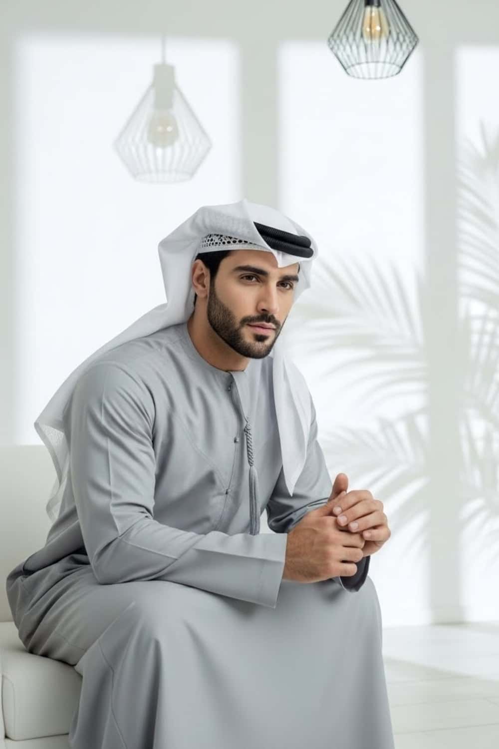 Gentleman wearing Silver Grey Montgomery Wool Kandora displaying the luminous polished tone and refined English wool finish from Shabab al Yola Winter Collection 2
