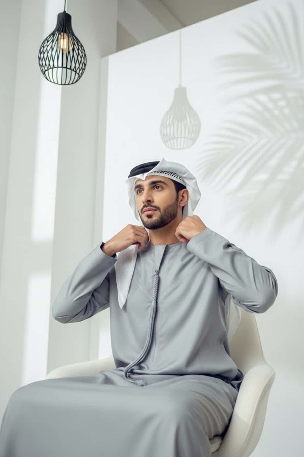 Gentleman wearing Silver Grey Montgomery Wool Kandora displaying the luminous polished tone and refined English wool finish from Shabab al Yola Winter Collection 3