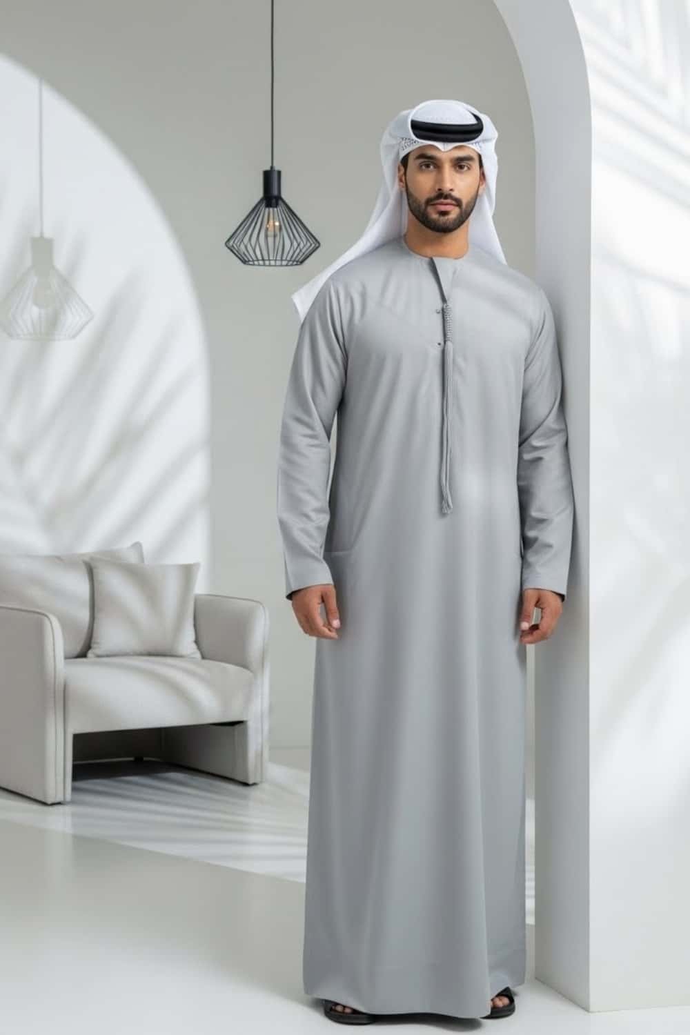 Gentleman wearing Silver Grey Montgomery Wool Kandora displaying the luminous polished tone and refined English wool finish from Shabab al Yola Winter Collection 4
