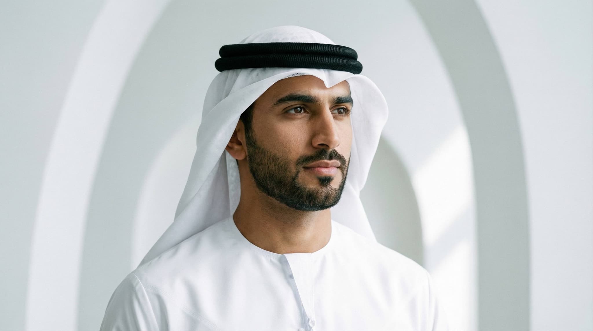 Portrait of a handsome Emirati man wearing a Shabab Al Yola kandura and a sharp white ghutra with a black agal.