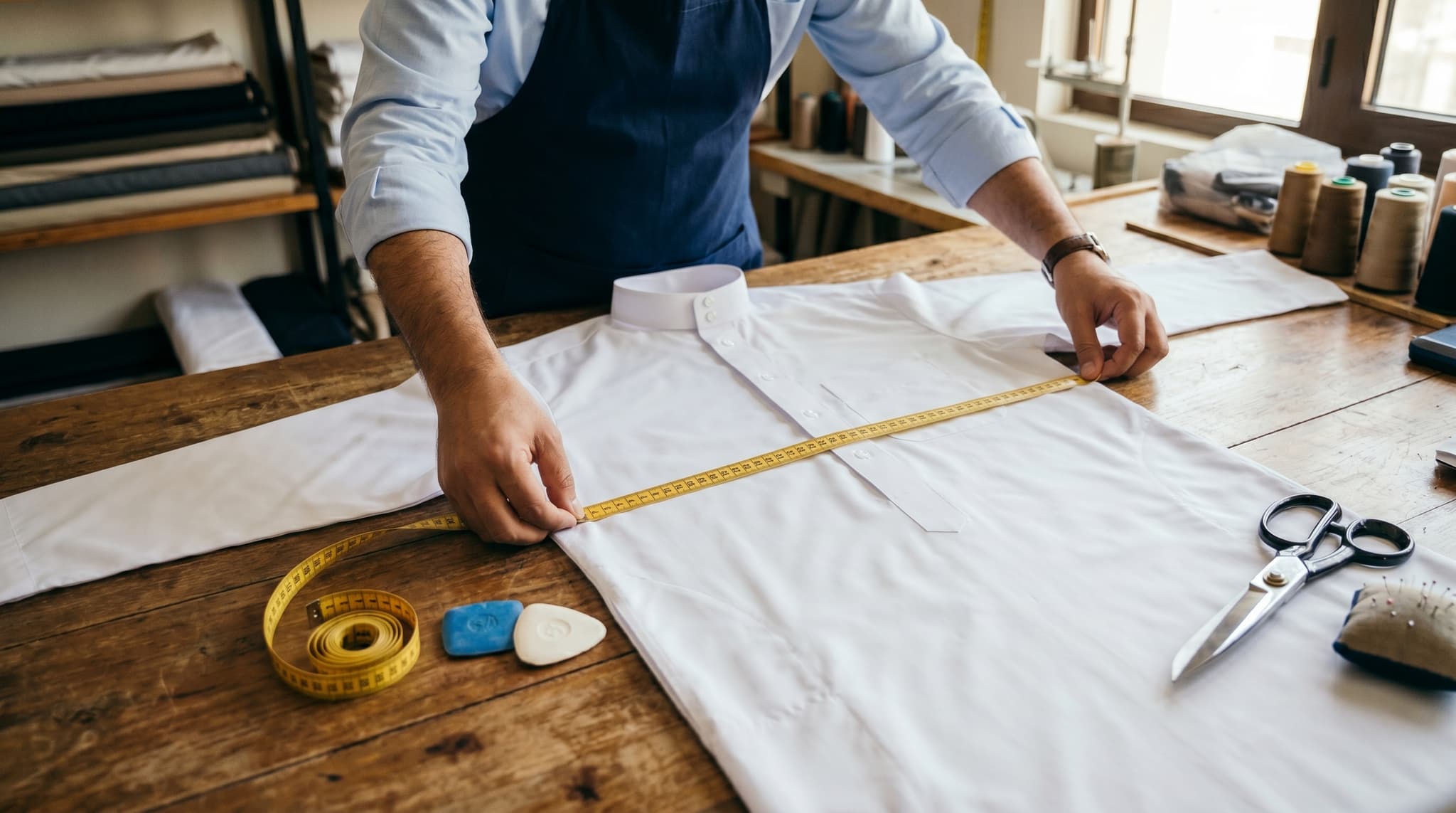 Tailor measuring shoulder width of white kandora on wooden table