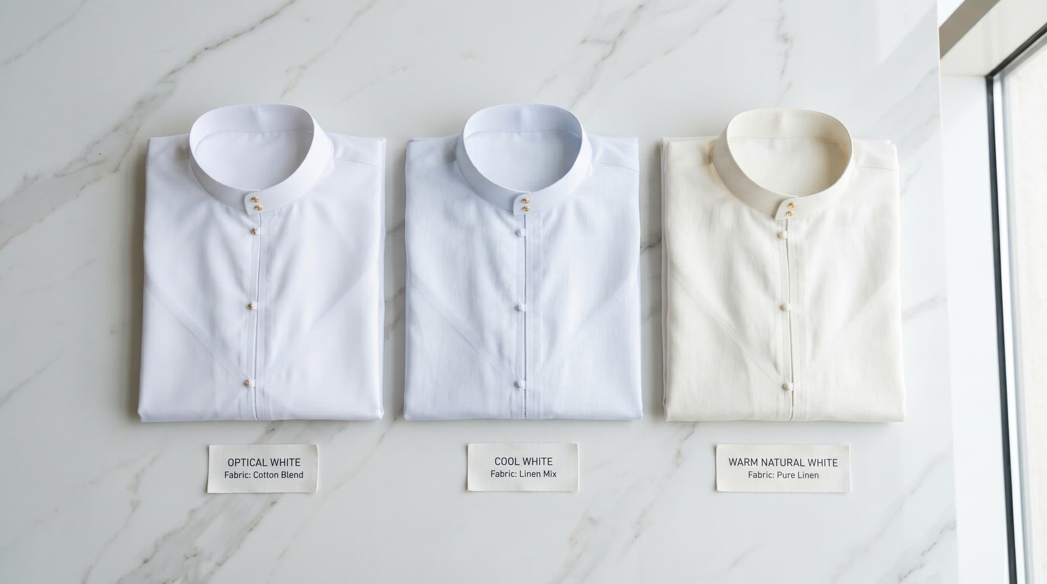 Man wearing a perfectly fitted white kandora that complements his skin tone, standing confidently in an Abu Dhabi tailoring shop