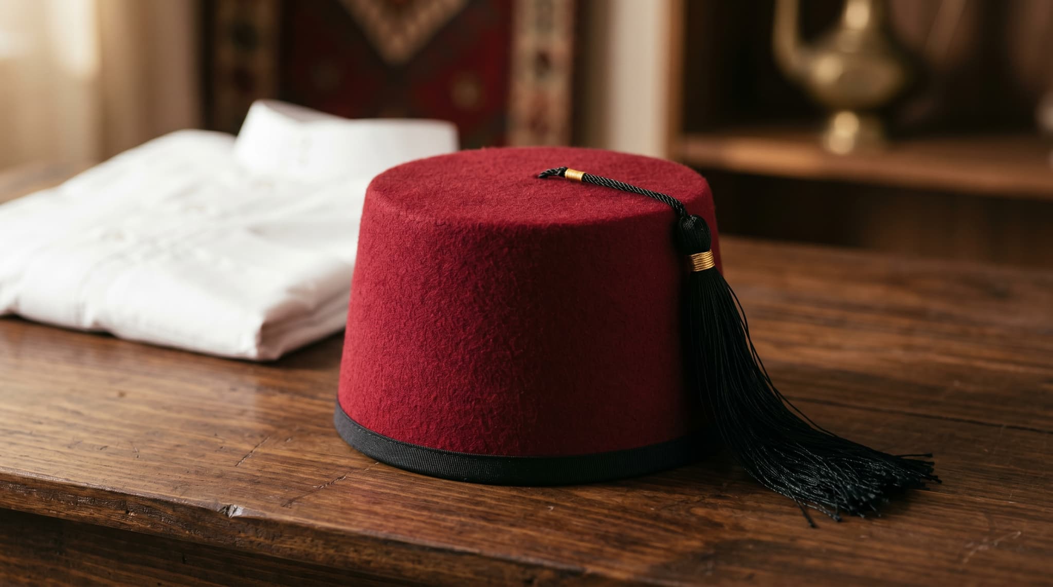 A classic deep red felt Tarboosh with a black silk tassel placed on a clean dark wooden surface.