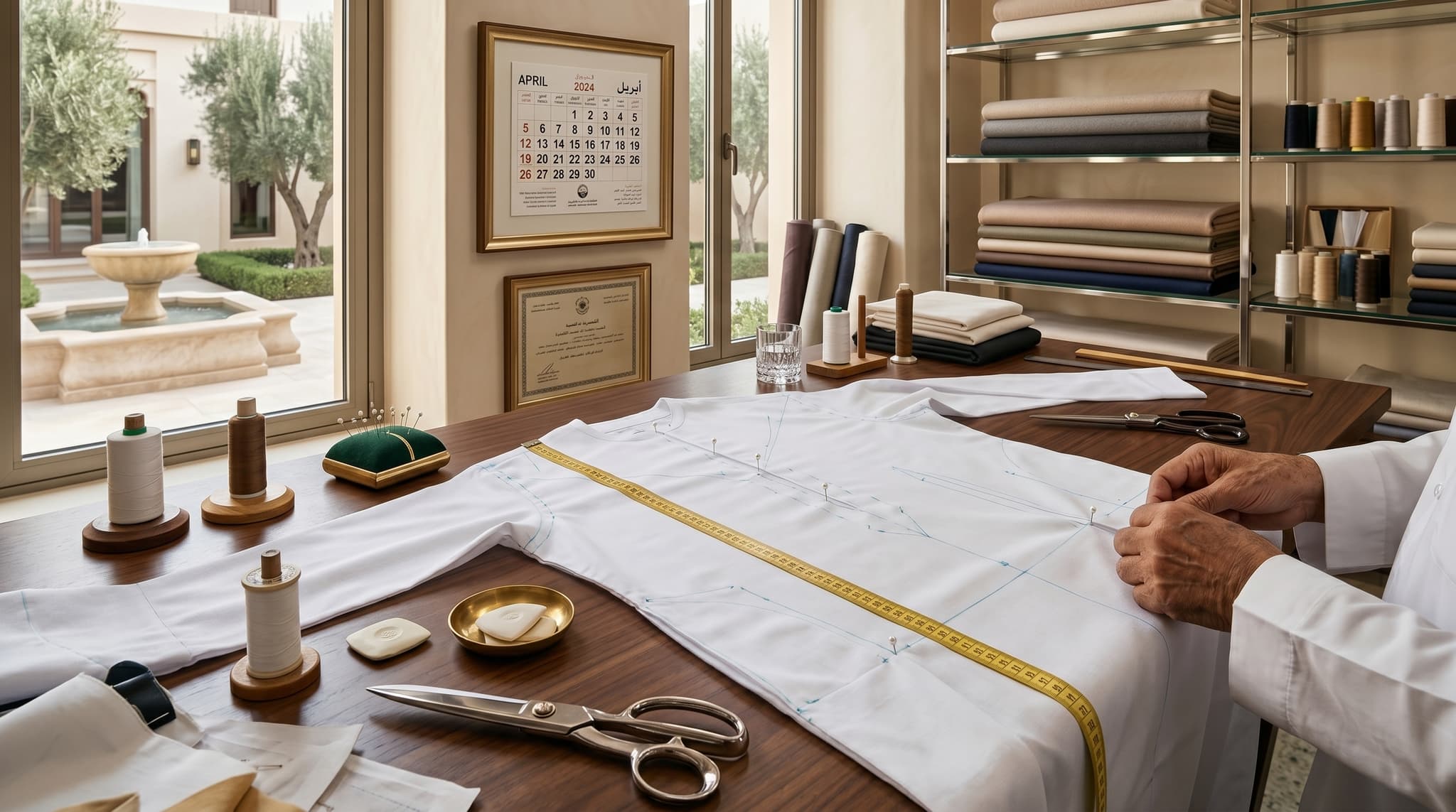 Tailor measuring a custom kandora in Abu Dhabi workshop, traditional Emirati garment on mannequin