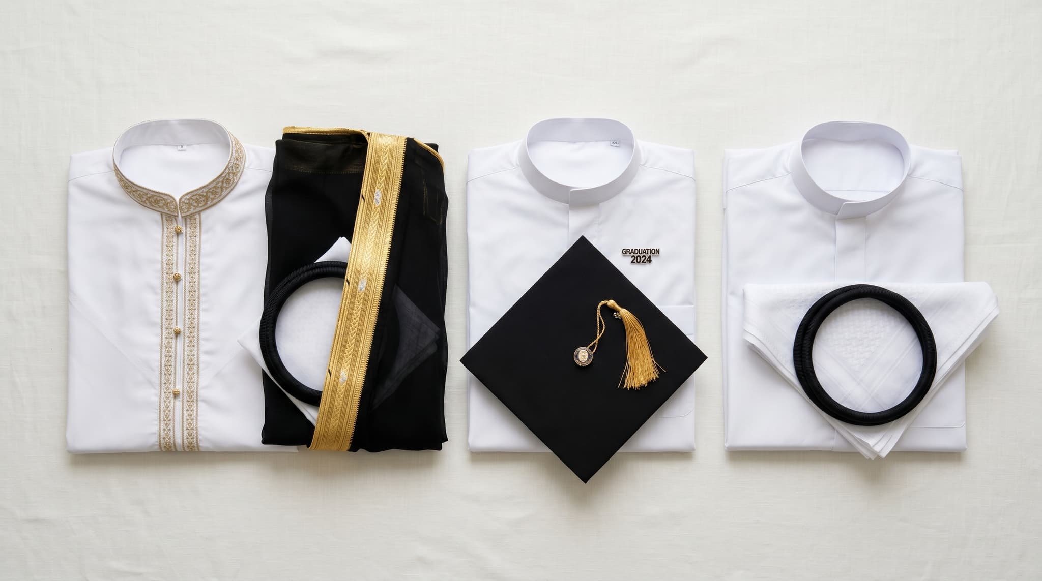 A flat lay of three distinct kandora and accessory combinations arranged side by side on a clean off-white surface, each representing a different occasion