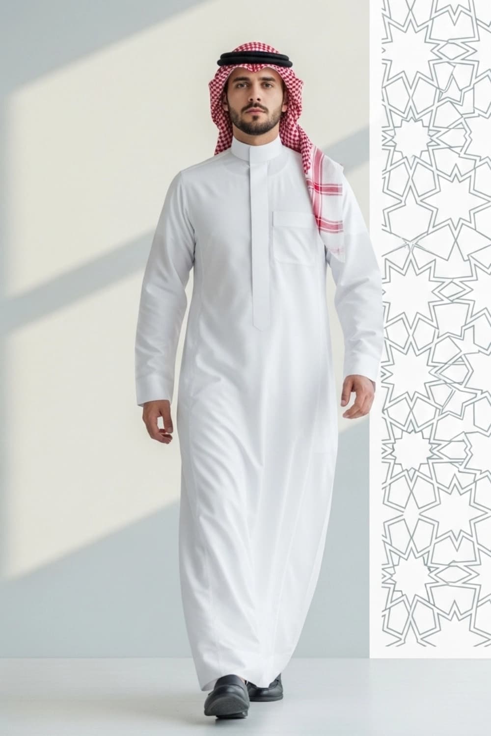 A man wearing the stylish Saudi Thobe from the Stellar Edition.