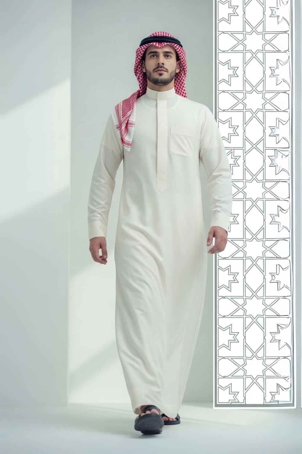 A man wearing the elegant and clean Cream Saudi Thobe.