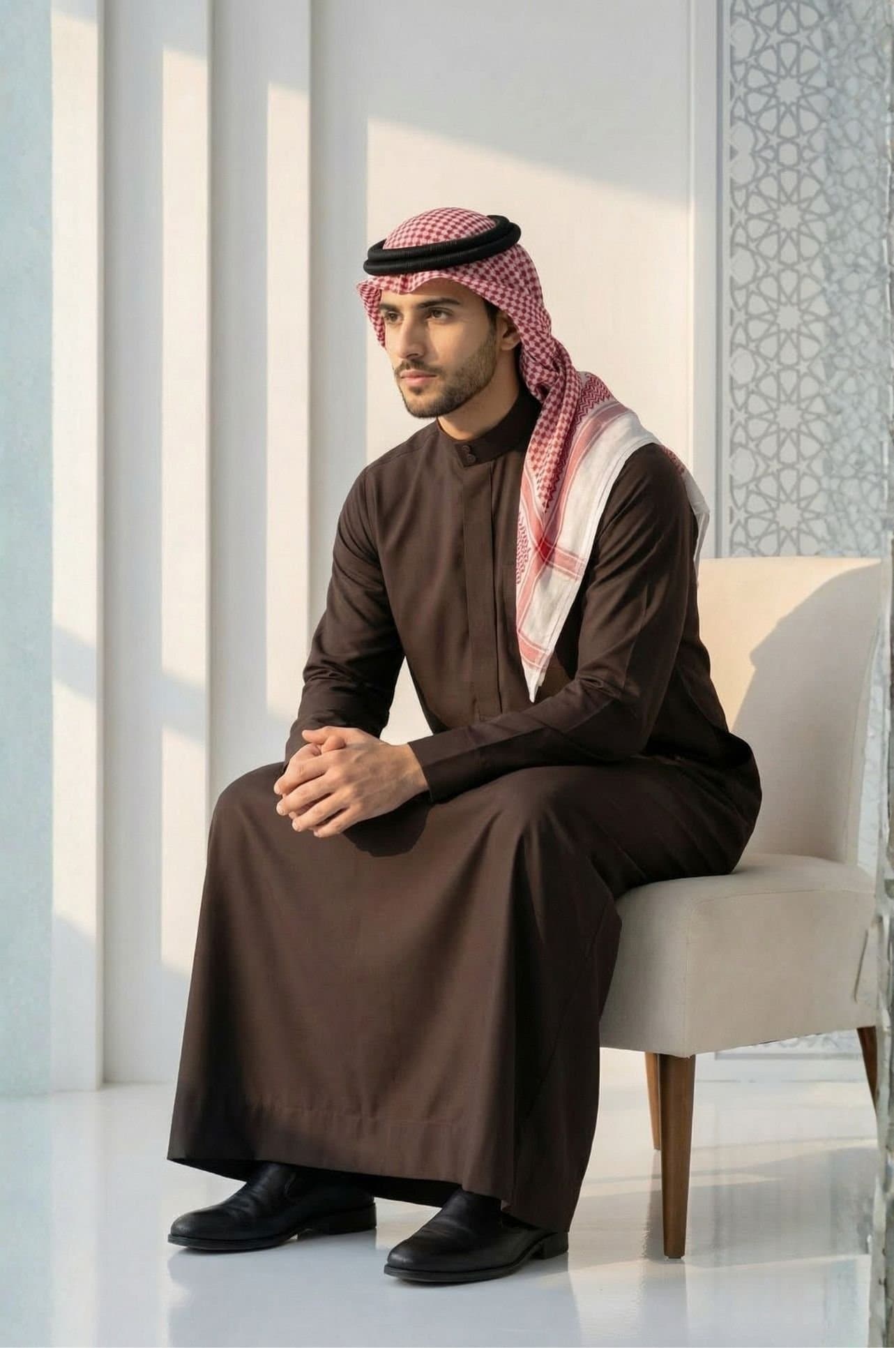 دشداشة كويتية باللون الشوكولاتة الداكن - الإصدار المميز - 3