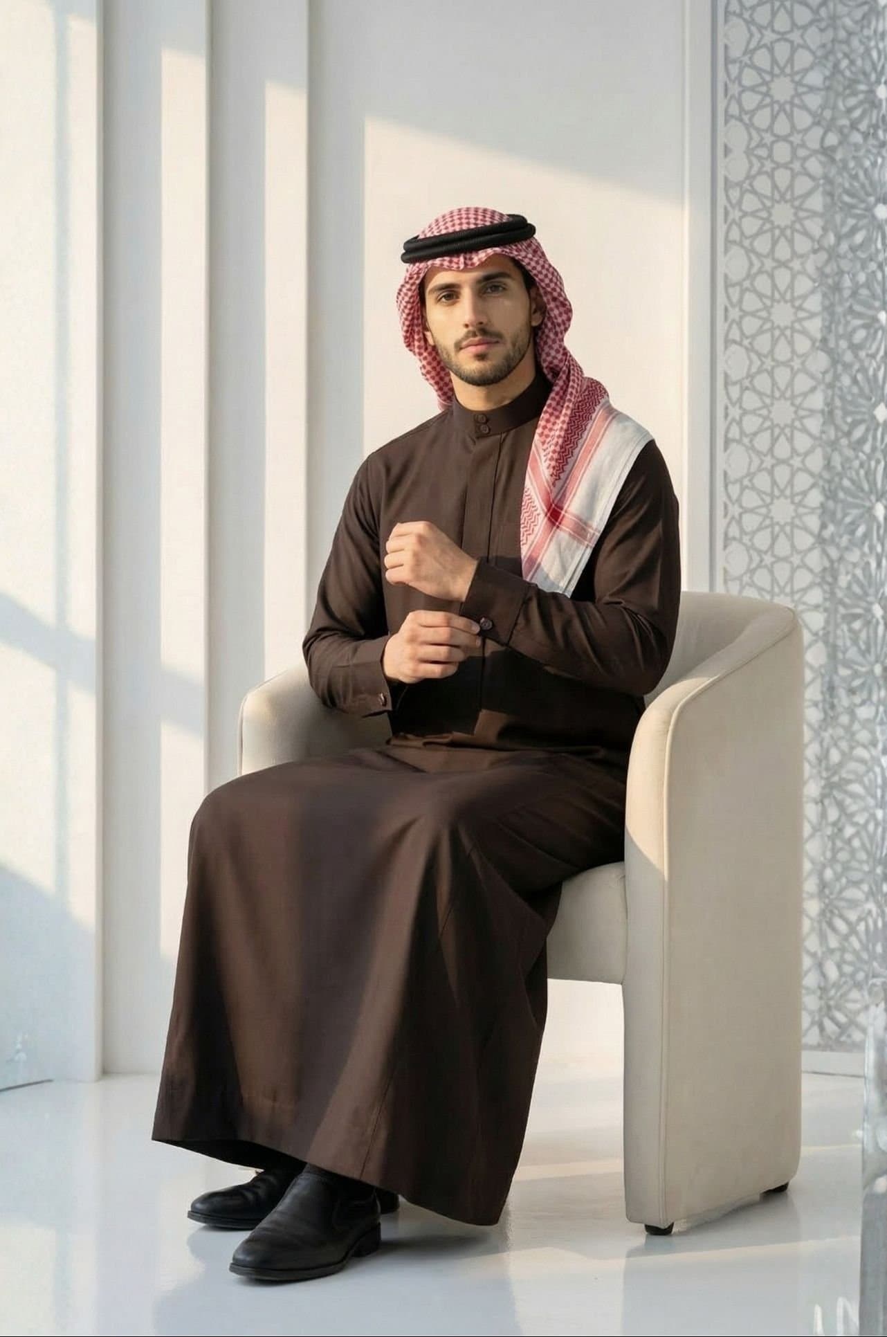 دشداشة كويتية باللون الشوكولاتة الداكن - الإصدار المميز - 5