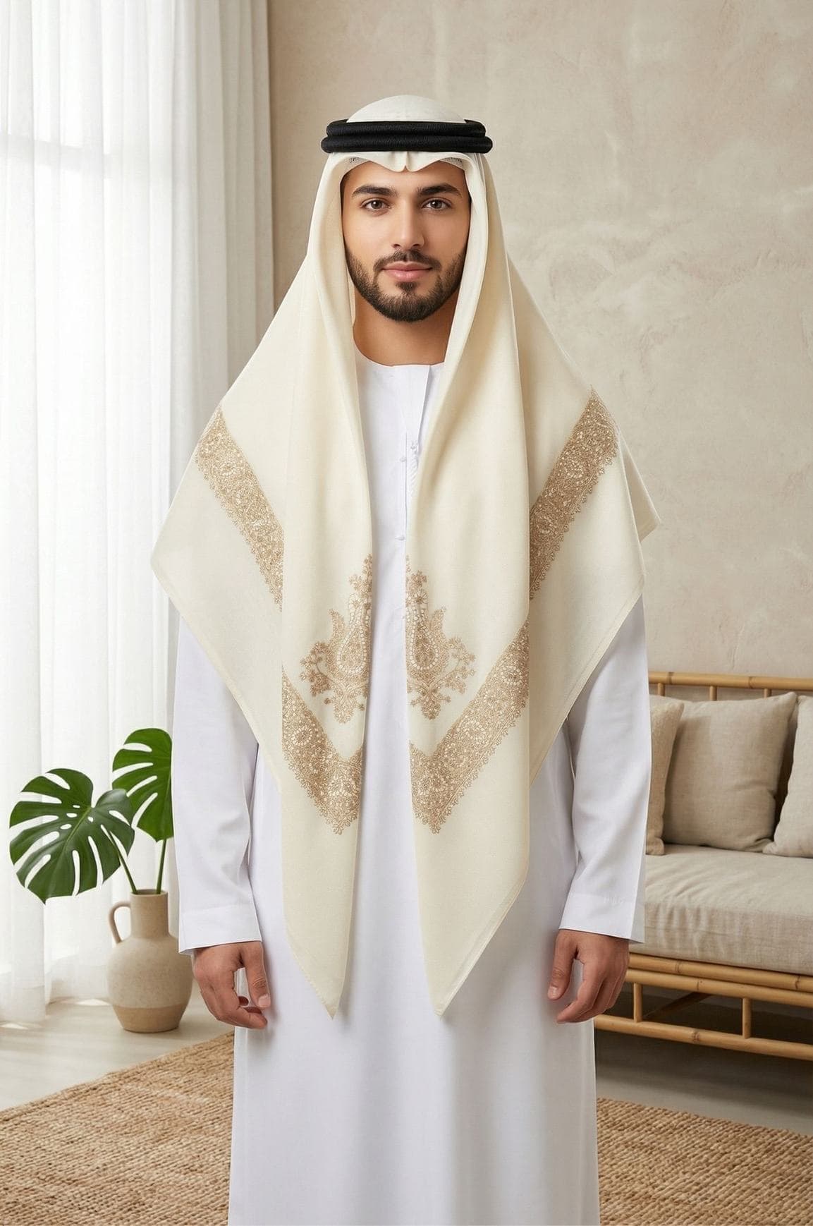 Off White Arabic Shawl by Shabab Al Yola – Abu Dhabi thumbnail 2