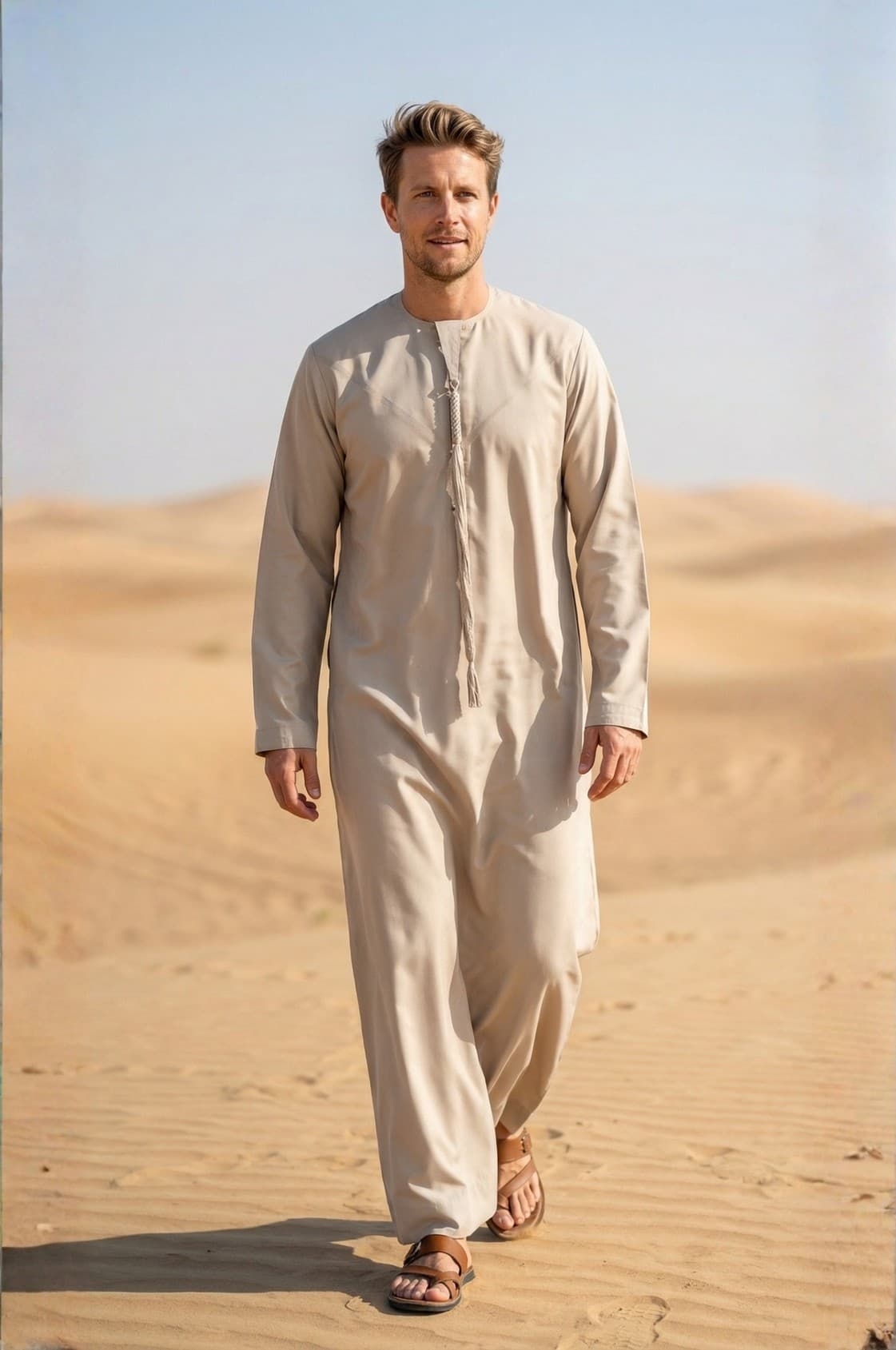 Western tourist wearing a light beige kandora in the Abu Dhabi desert, showcasing authentic Emirati style for foreigners.