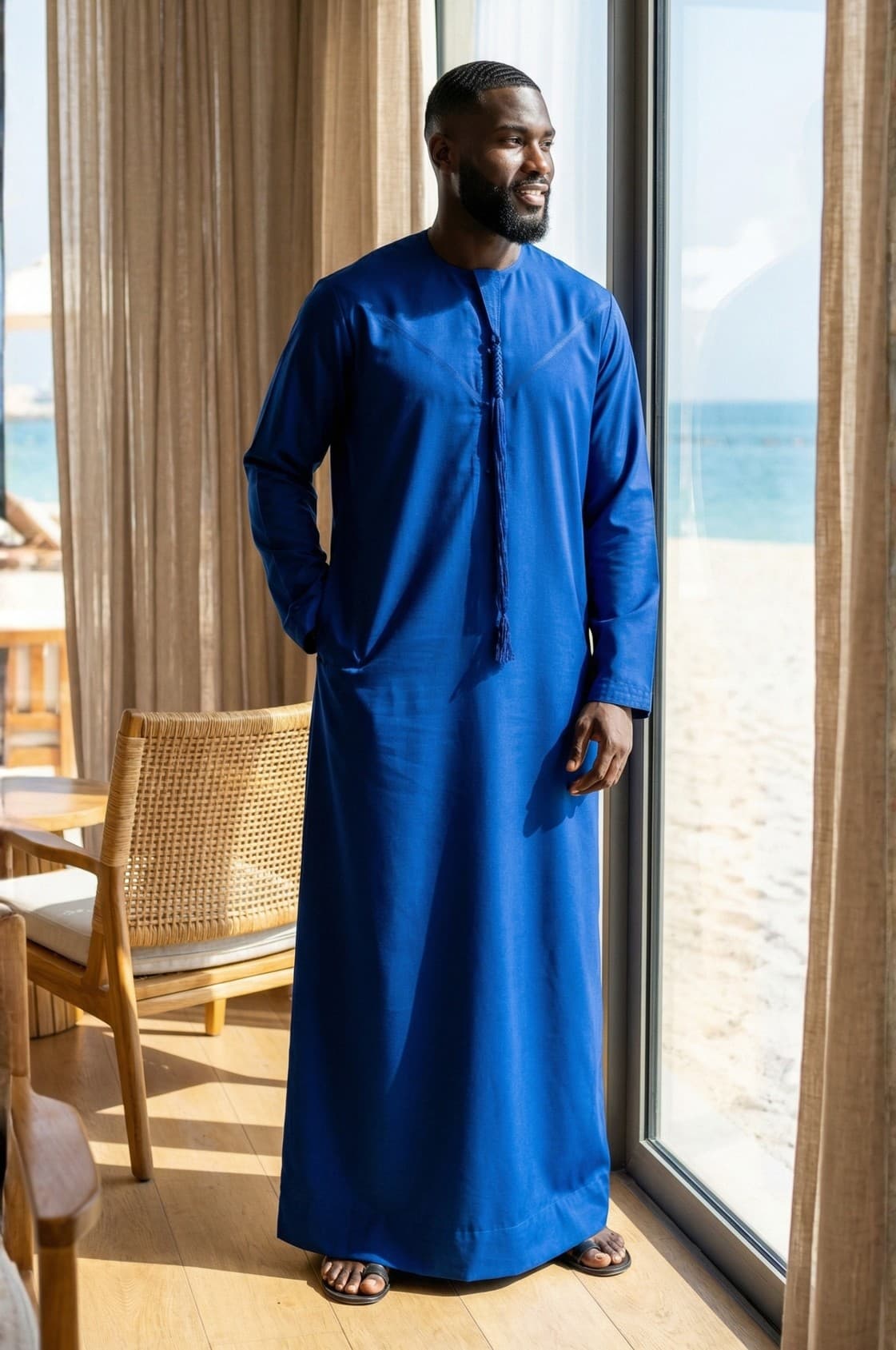 Distinguished gentleman wearing a royal blue kandora at a luxury Abu Dhabi venue, embodying regal elegance in traditional dress. 1