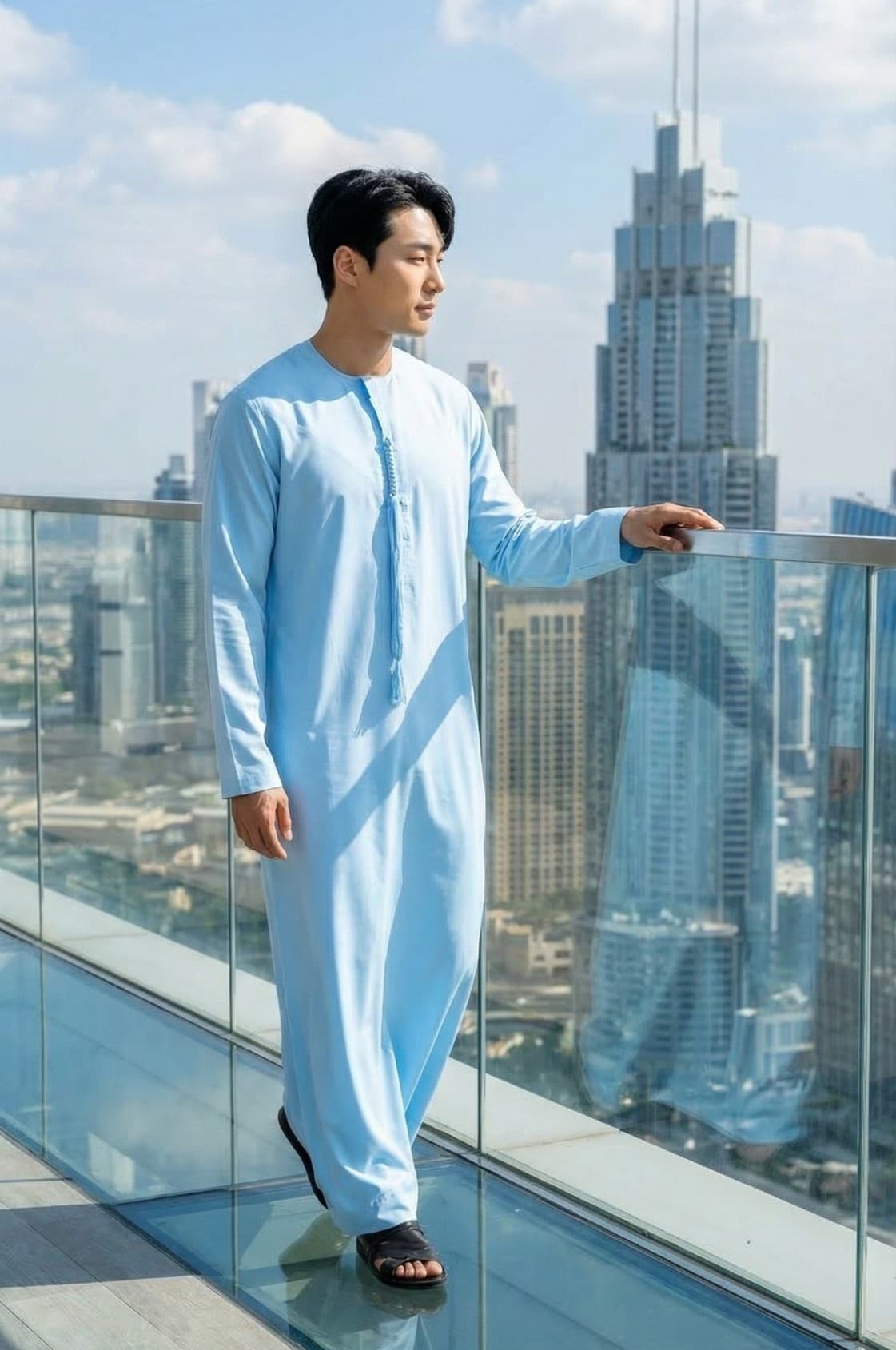 Young fashionable man wearing a fresh sky blue kandora against Abu Dhabi's blue sky and modern architecture, radiating summer optimism.