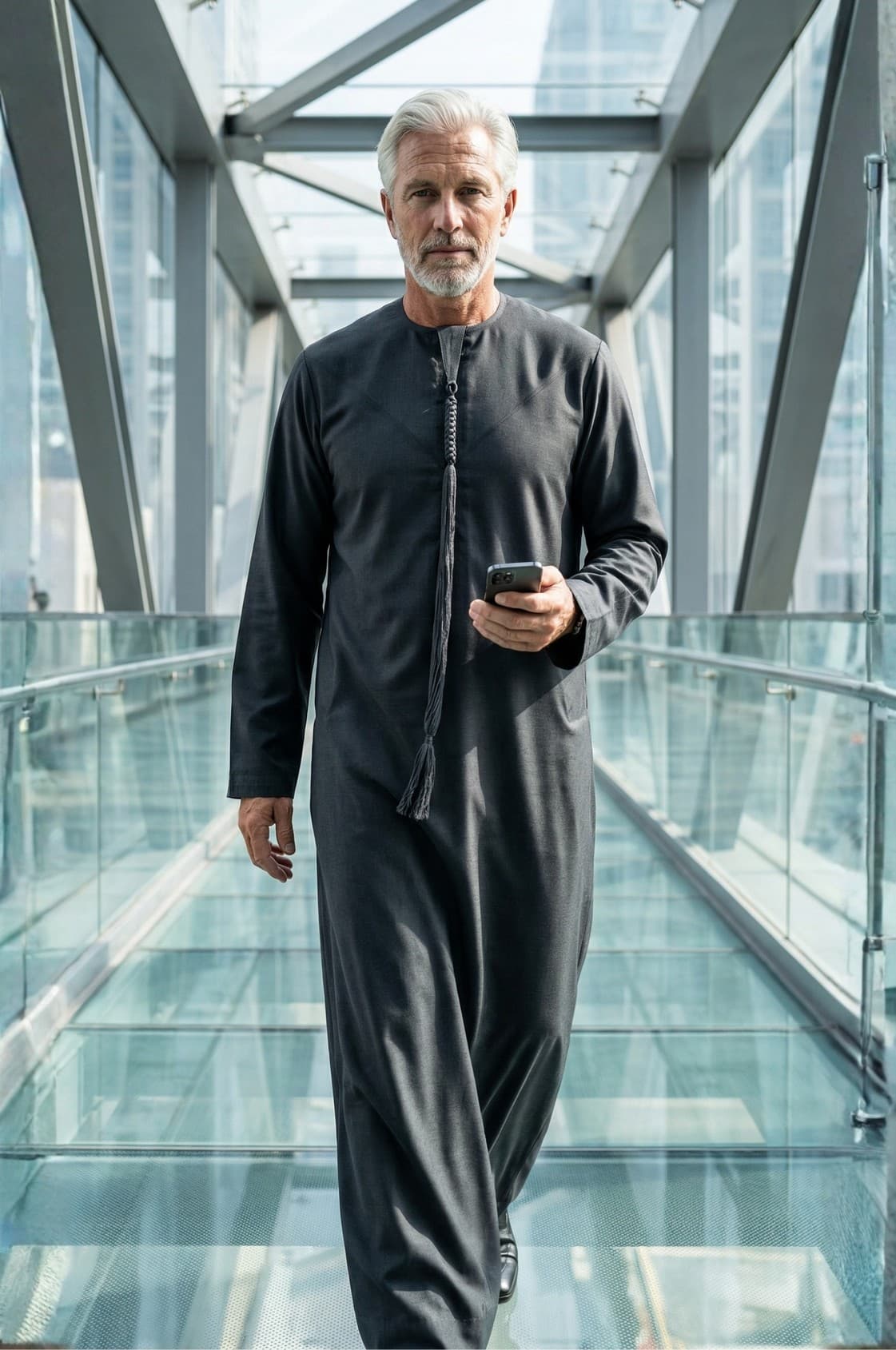 Senior executive wearing a sophisticated charcoal grey kandora against modern Abu Dhabi architecture, embodying contemporary leadership. 1
