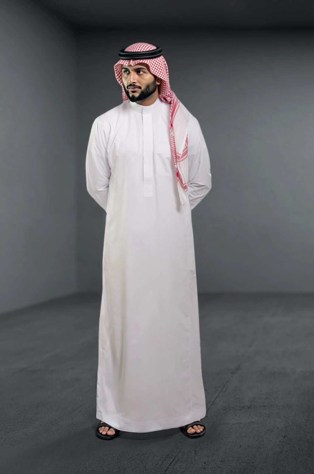 Front view of a clean and sharp White Kuwaiti Dishdasha by Shabab al Yola. 1
