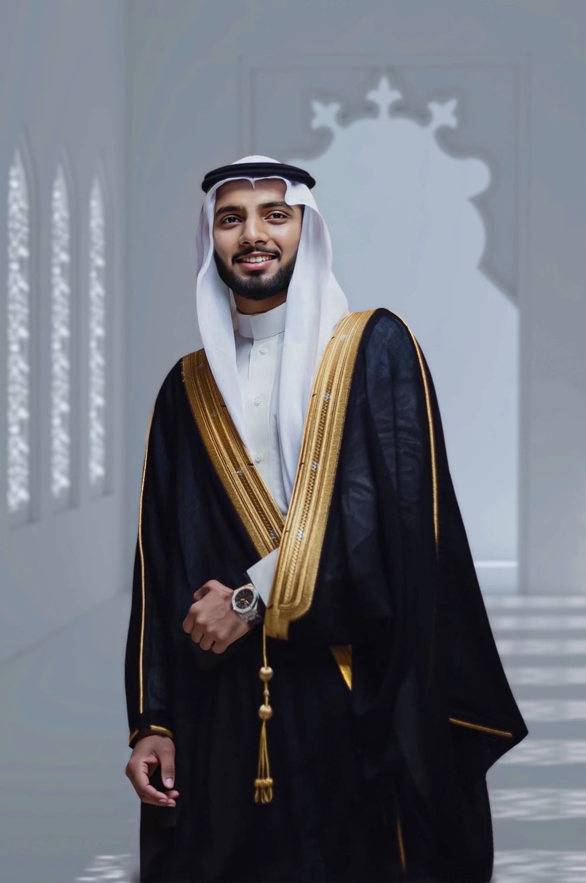 A luxurious black and gold Bisht from Shabab al Yola, showcasing royal elegance. 1