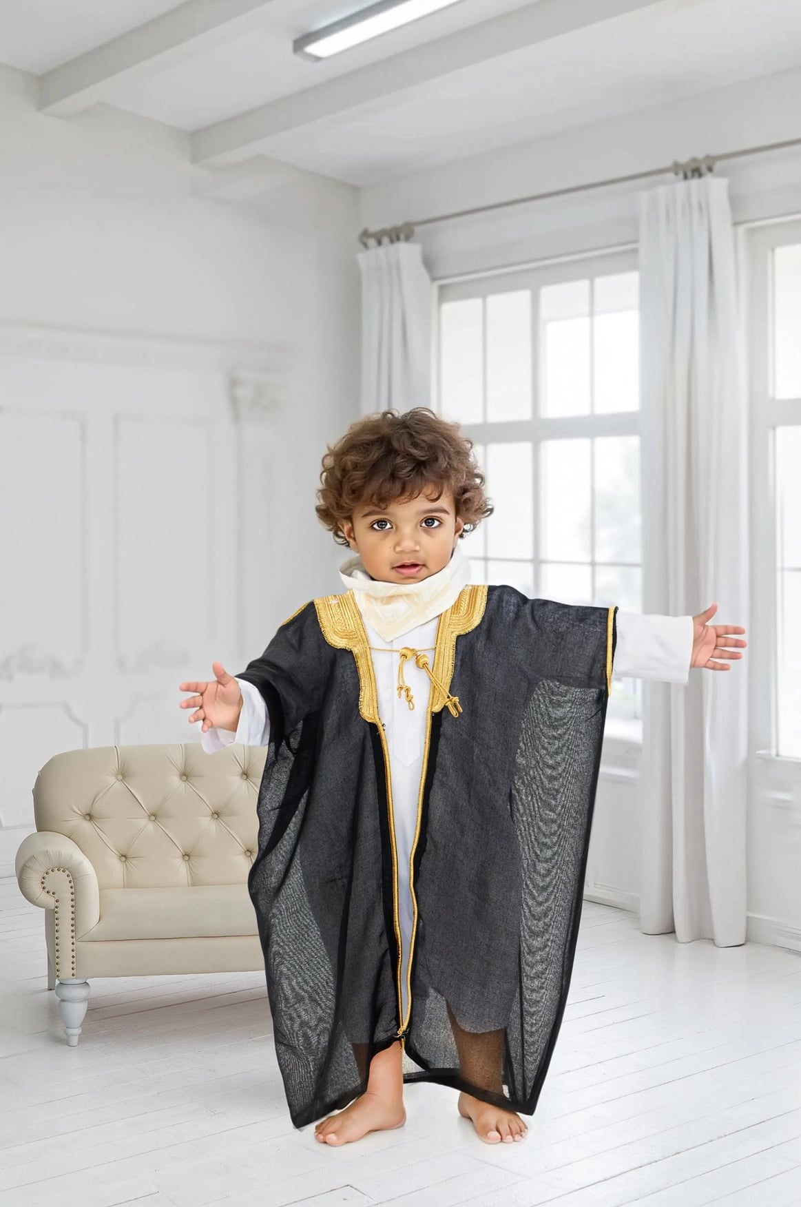 A young boy looking regal in a Kids Bisht by Shabab al Yola. 1