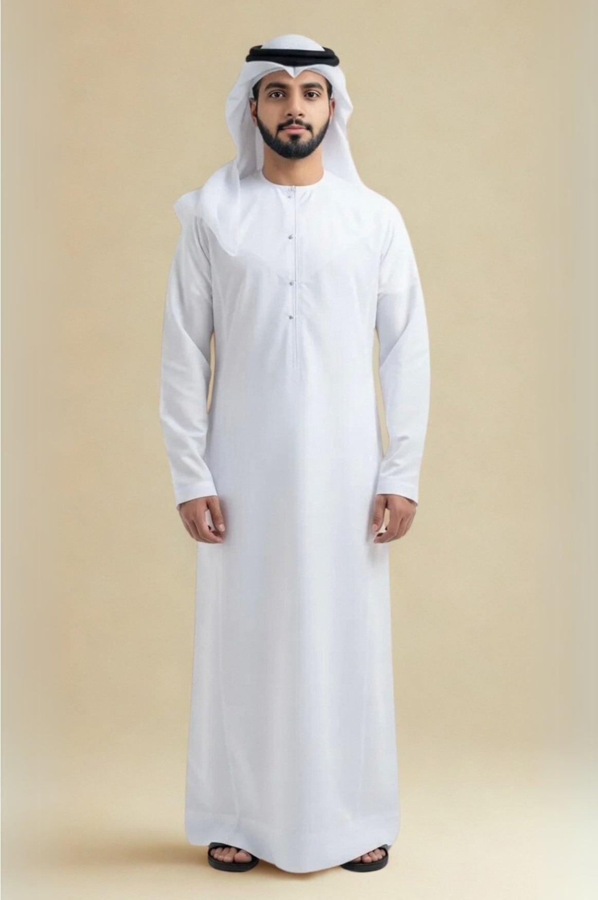 A man showcasing the timeless Classic Kandora by Shabab al Yola with premium fabric. 1