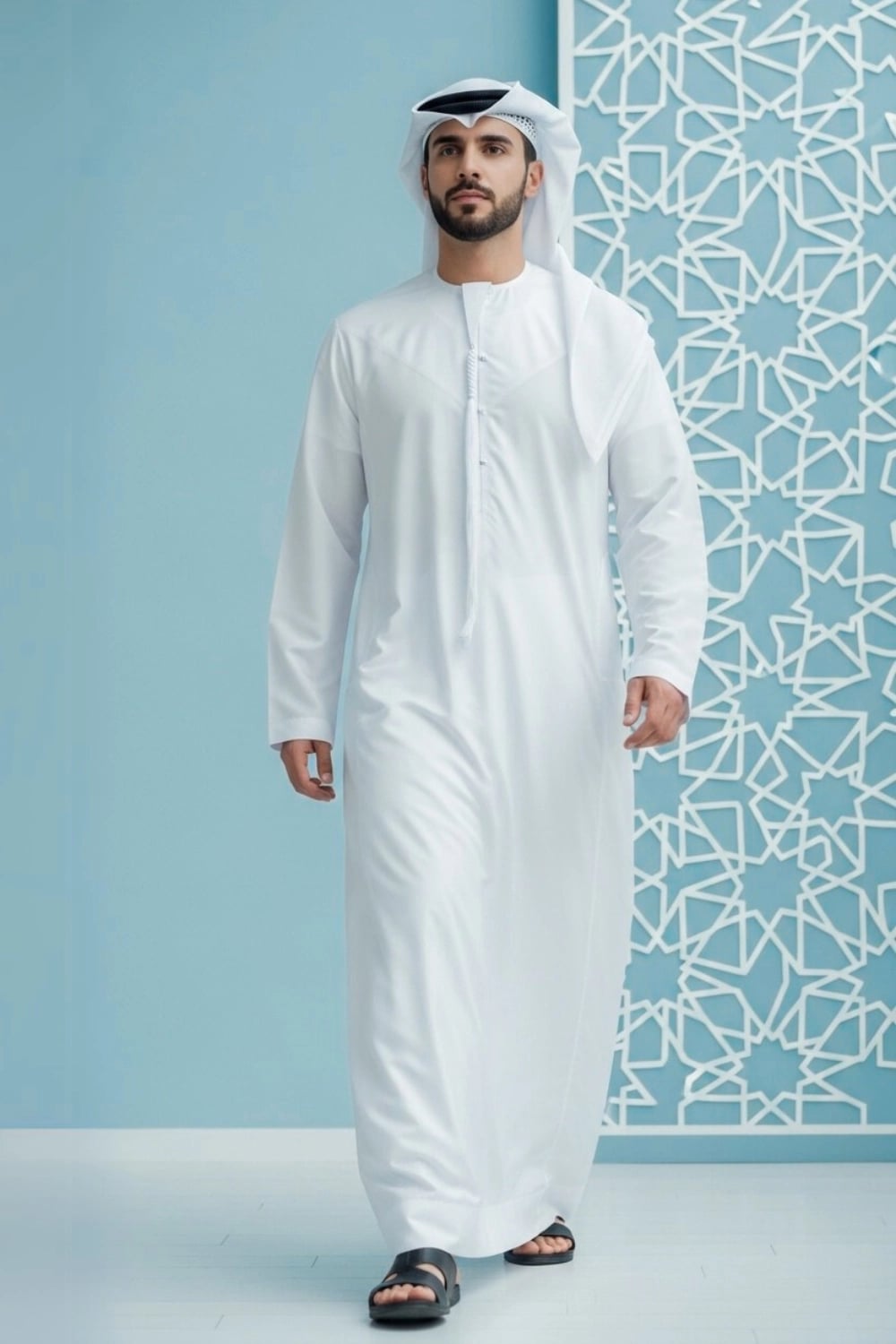 Man wearing a pristine White Emirati Kandora, showcasing its elegant drape and fine fabric. 1