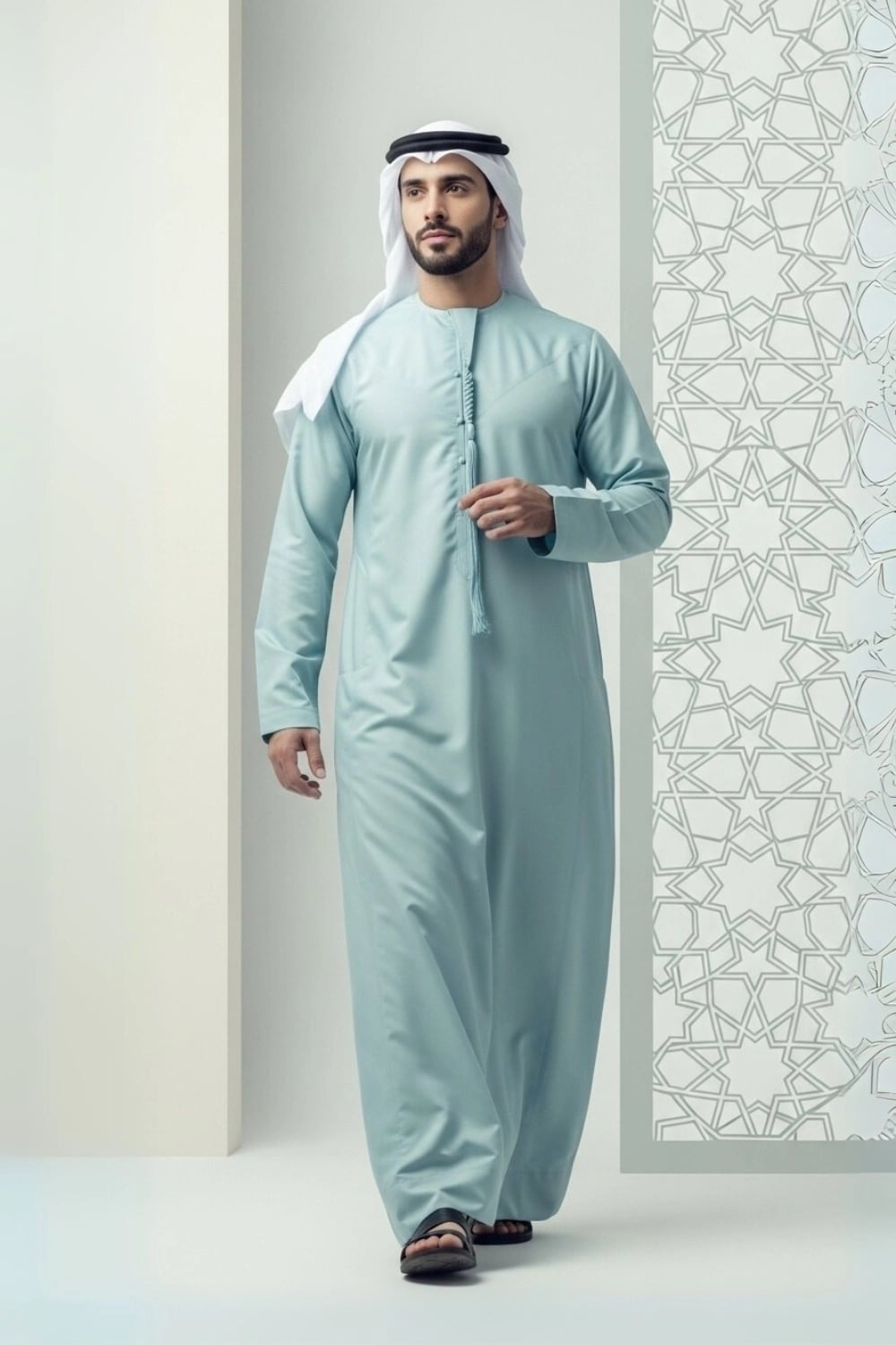 A man wearing the refreshing Sea Foam Kandura by Shabab al Yola. 1