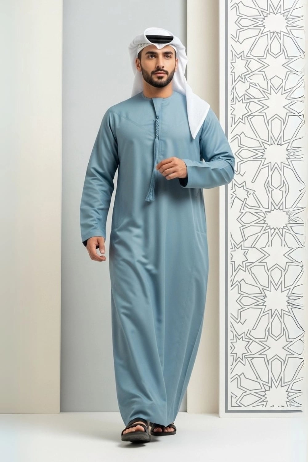 A man looking distinguished in a Royal Navy Blue Winter Kandora by Shabab al Yola. 1