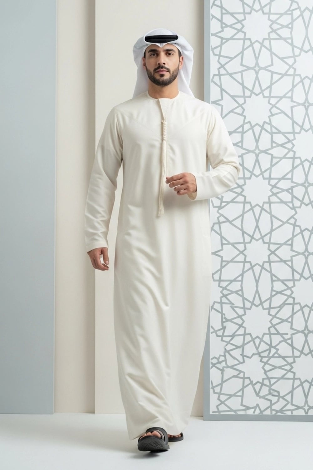 A man wearing the elegant Ivory Emirati Kandura by Shabab al Yola. 1