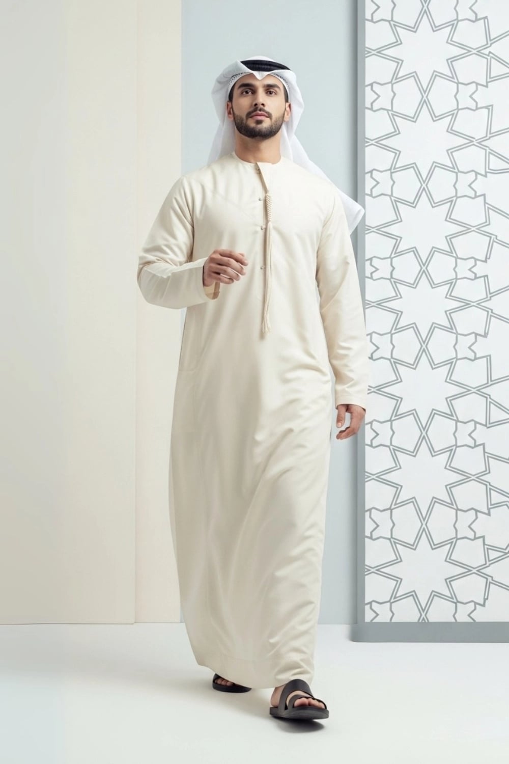 A man wearing the classic and clean Cream Emirati Kandura. 1