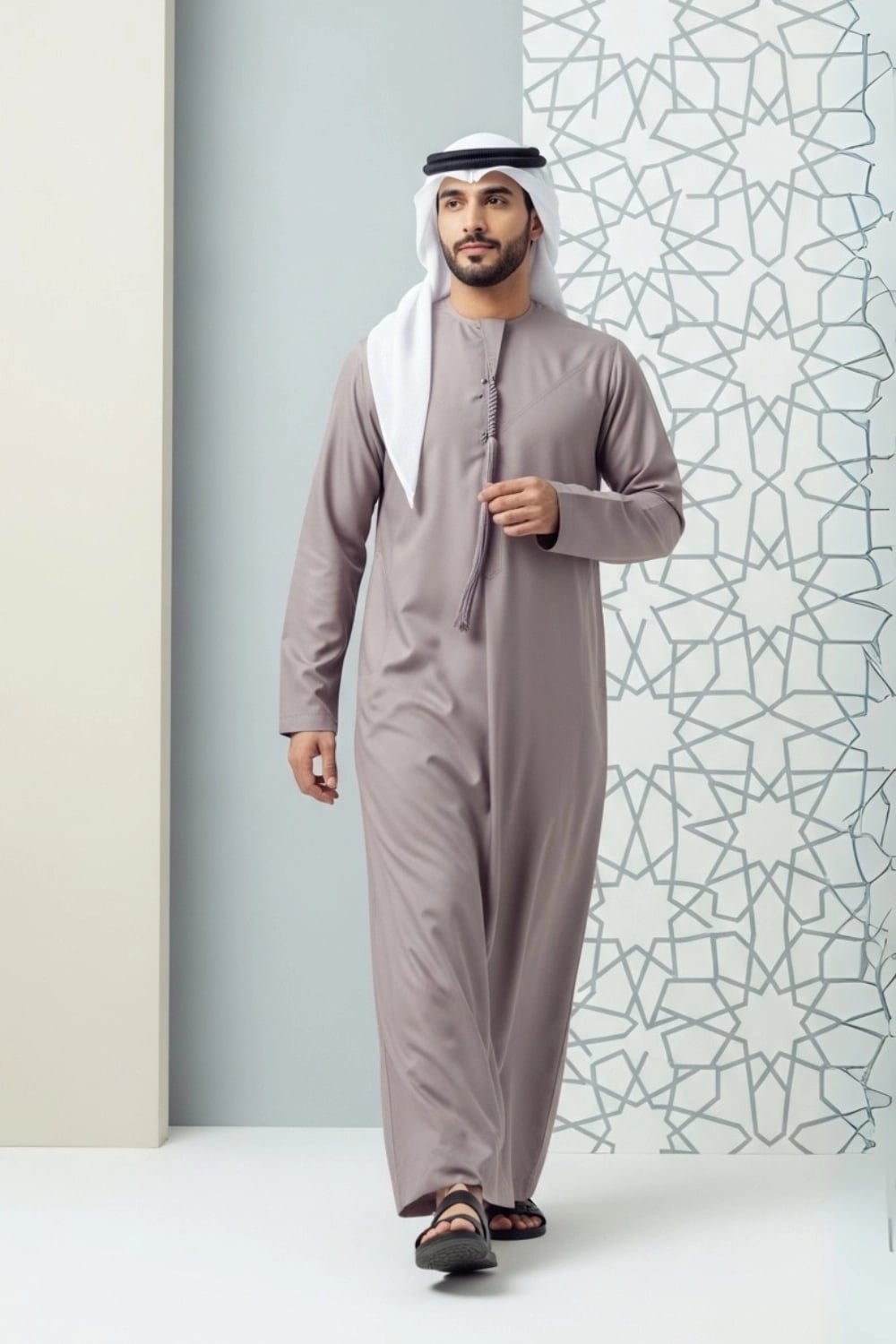 A man wearing the unique and sophisticated Warm Plum Kandura. 1