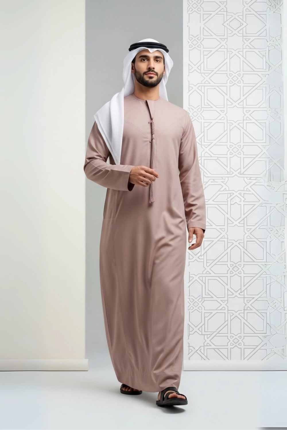 A man wearing the unique and sophisticated Dusty Rose Kandura. 1