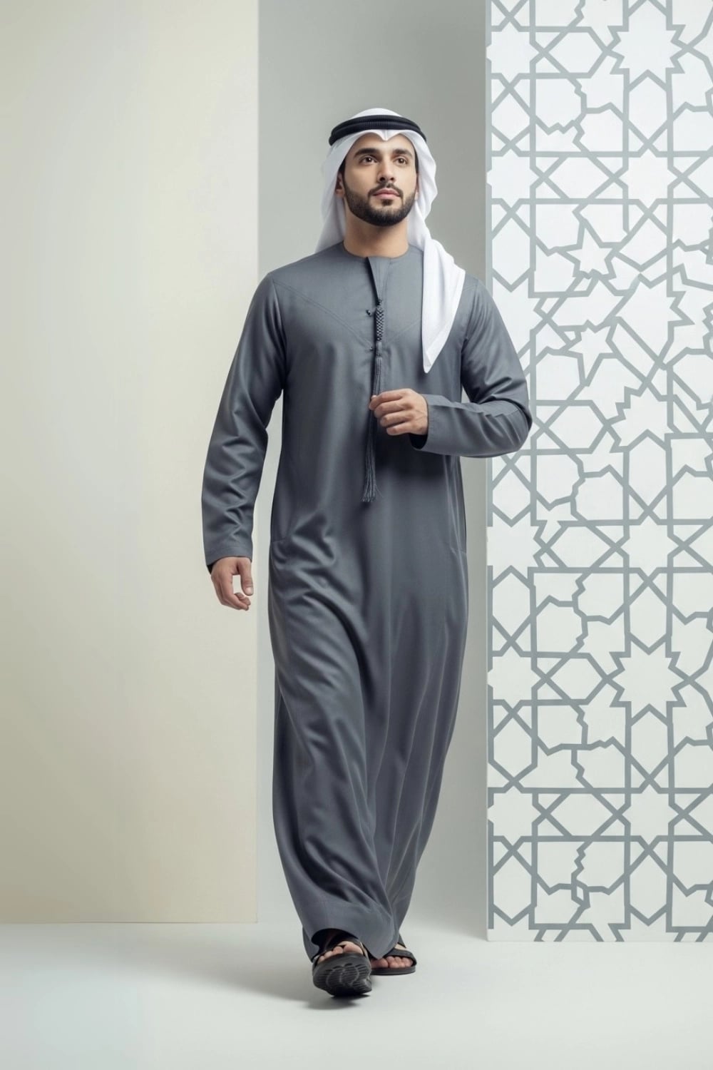 A man wearing the powerful and sophisticated Charcoal Grey Emirati Kandura. 1