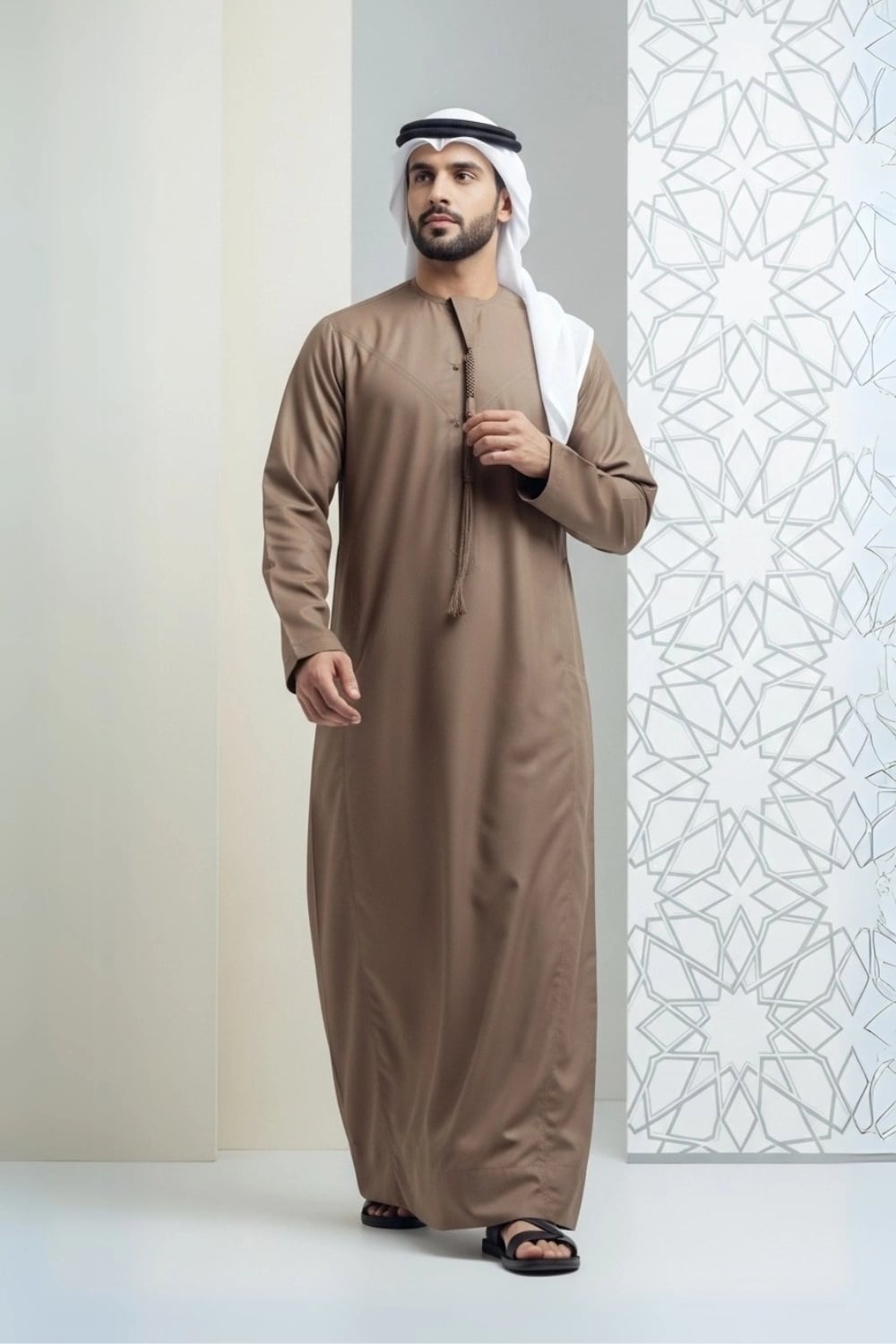 A man wearing the rich Royal Brown Kandora, suitable for all seasons. 1