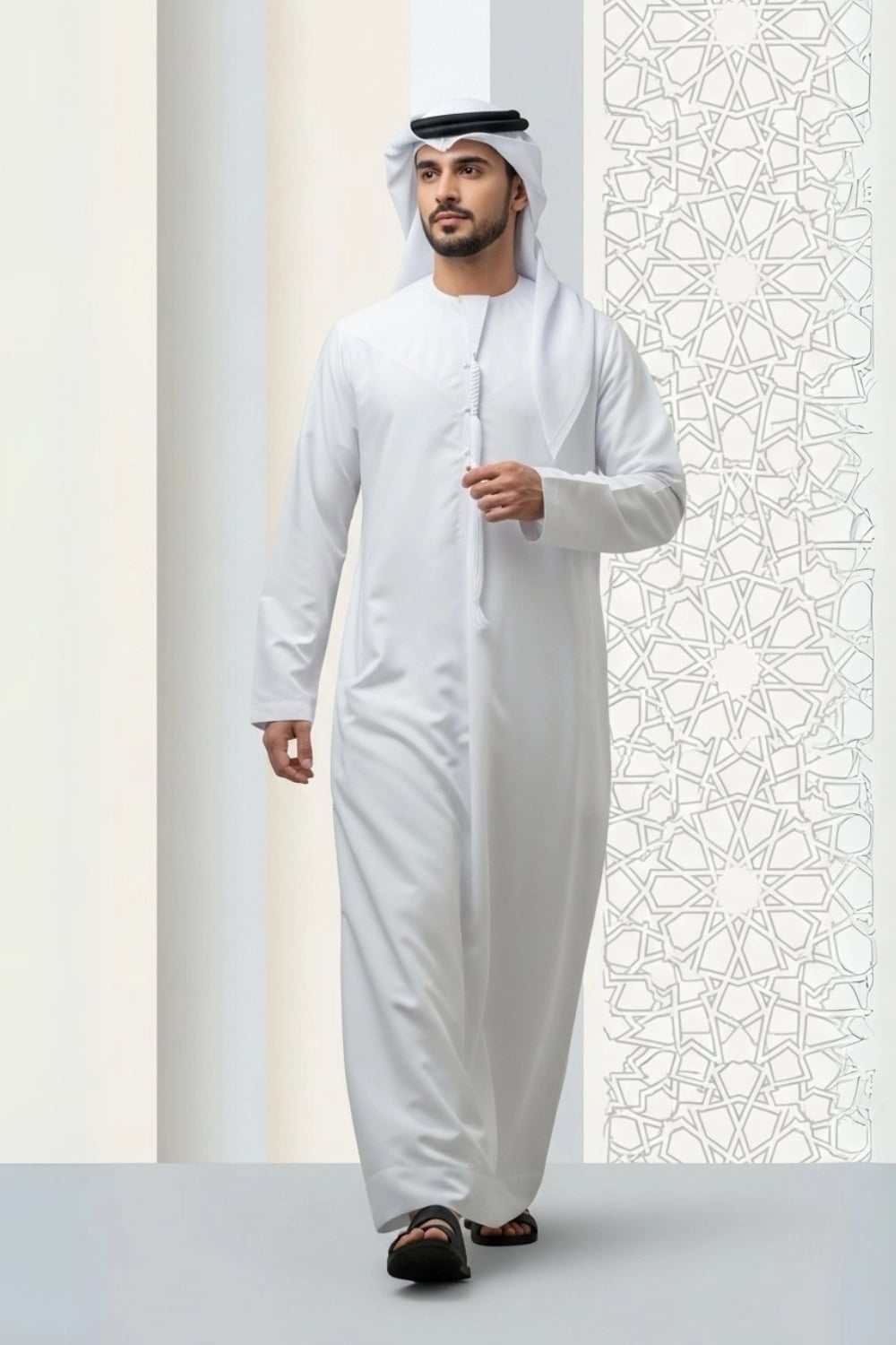 Close-up of the fine texture of an Off-White Emirati Kandora made with Japanese fabric. 1